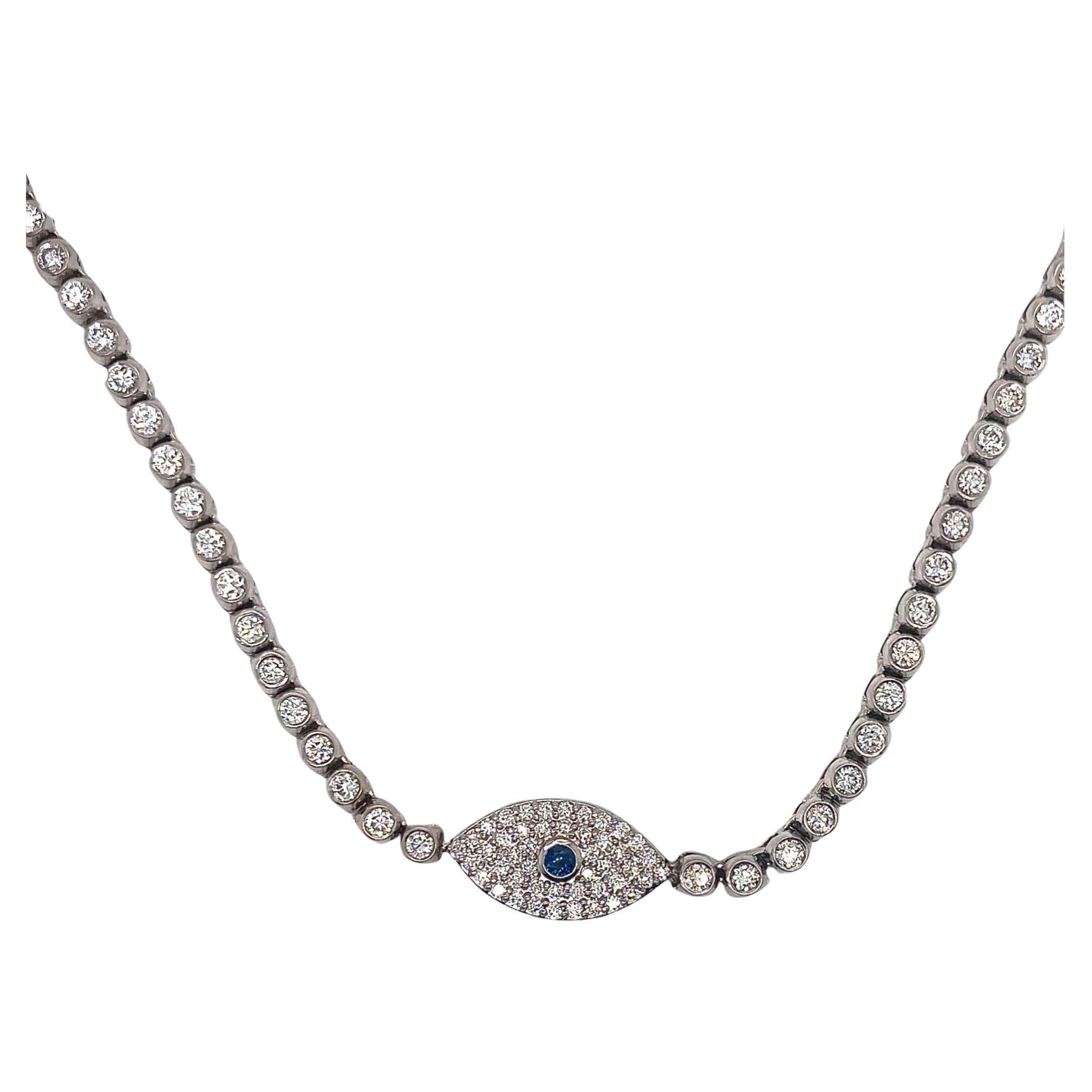 Diamond Evil Eye Necklace in 14k White Gold For Sale