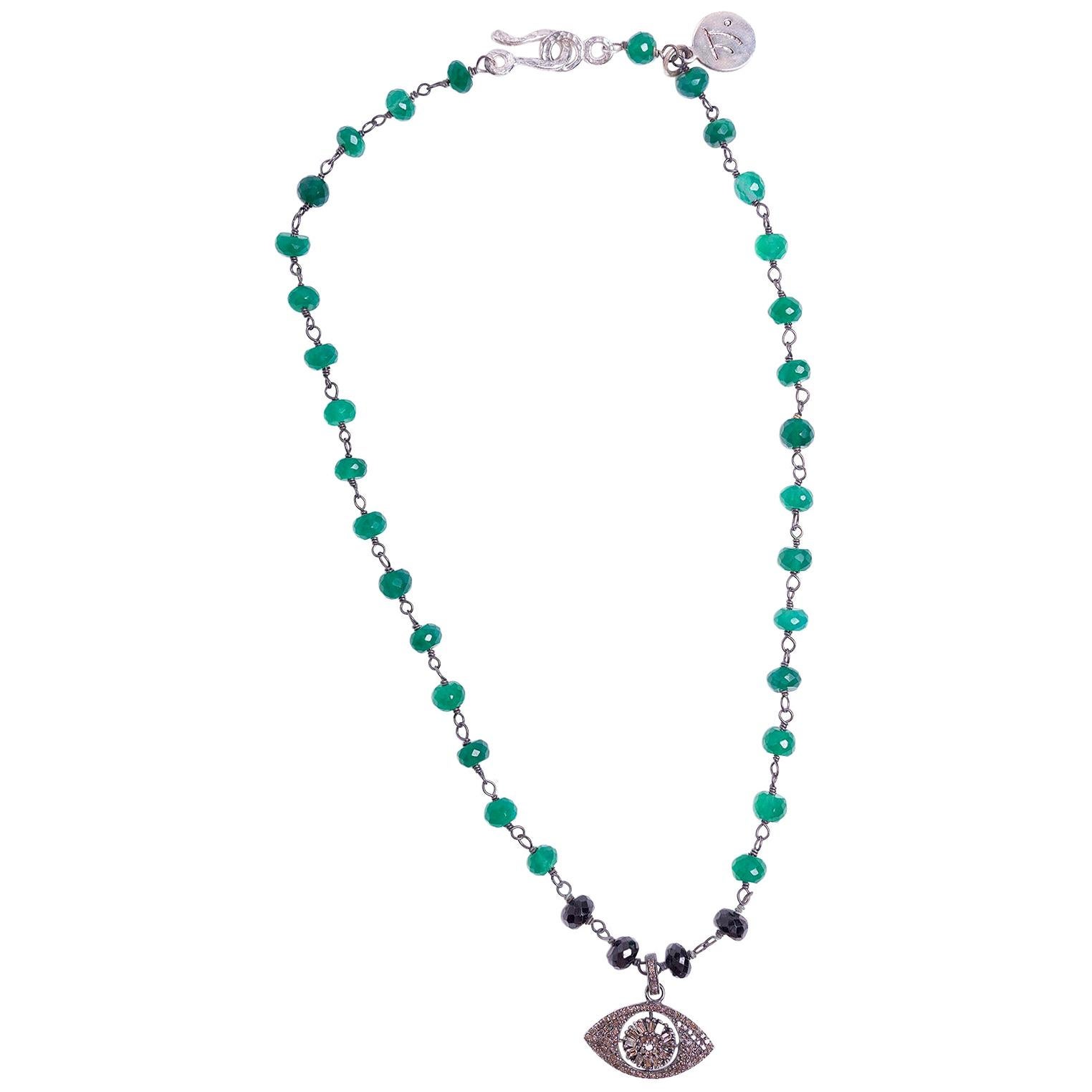 Diamond Evil Eye of Green Onyx Necklace For Sale