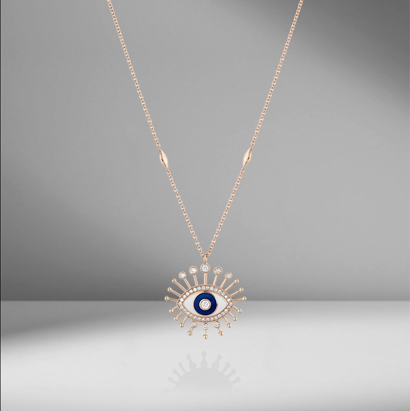 Keep Your Eye On Elegance With This Breathtaking Round-Cut Diamond Enamel Evil Eye Pendant Necklace By Nazarliqe Talisman Jewelry Specialist.

A Gift With Meaning

The Necklace features 0.70ctw Round Diamonds 
E Color 
VS Clarity 
18 Karat Rose Gold