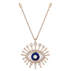 Diamond Evil Eye Talisman Necklace 18 Karat Rose Gold White and Blue Enamel
