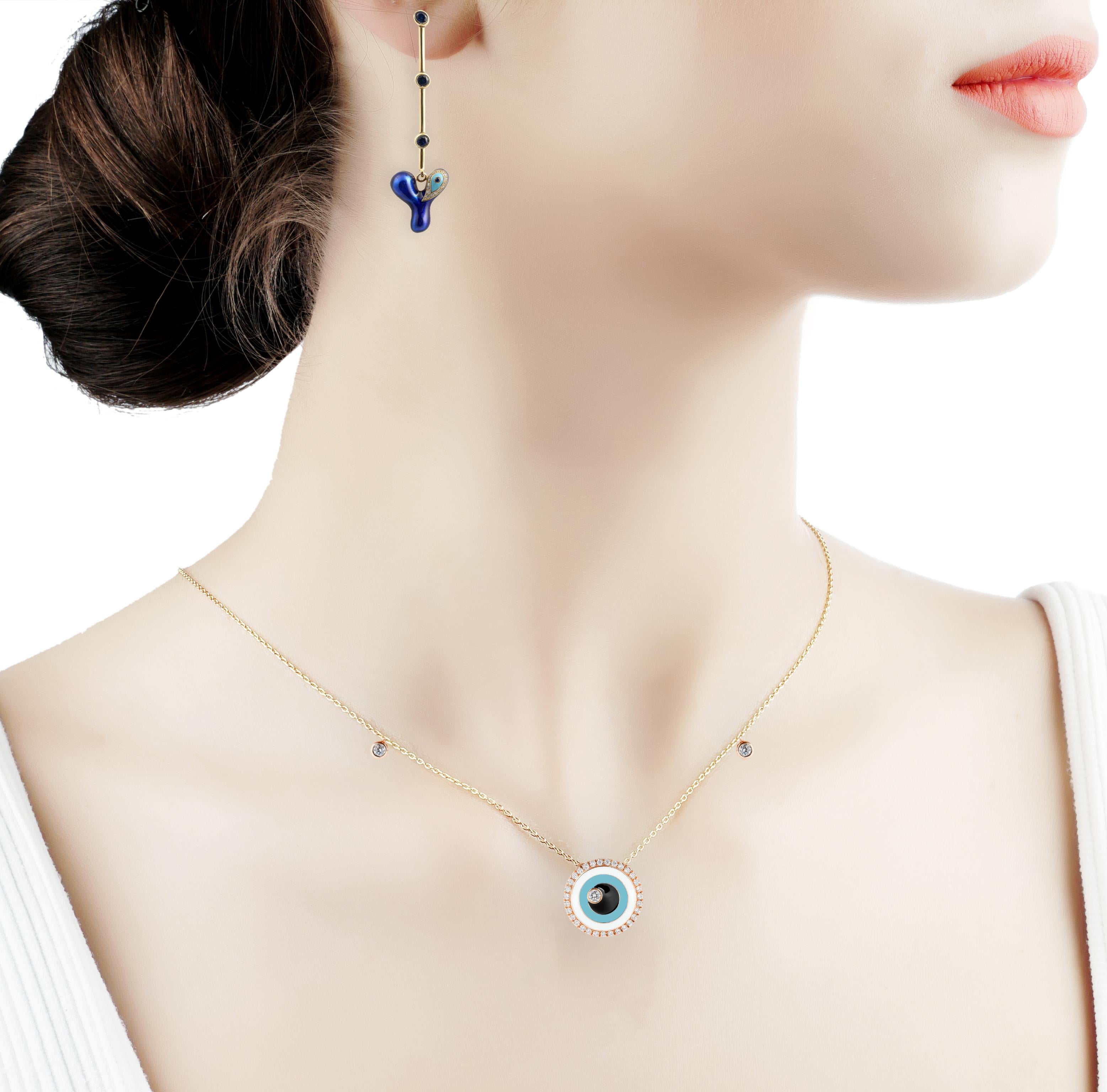 The Evil Eye is a Talisman That is Meant to Protect you from these evil spirits.
18 Karat Yellow Gold With Diamond Pavé and Enamel. 

Our Necklaces Will Take Your Breath Away. Each Evil Eye Model Will Add An Elegant Touch To Your Look and