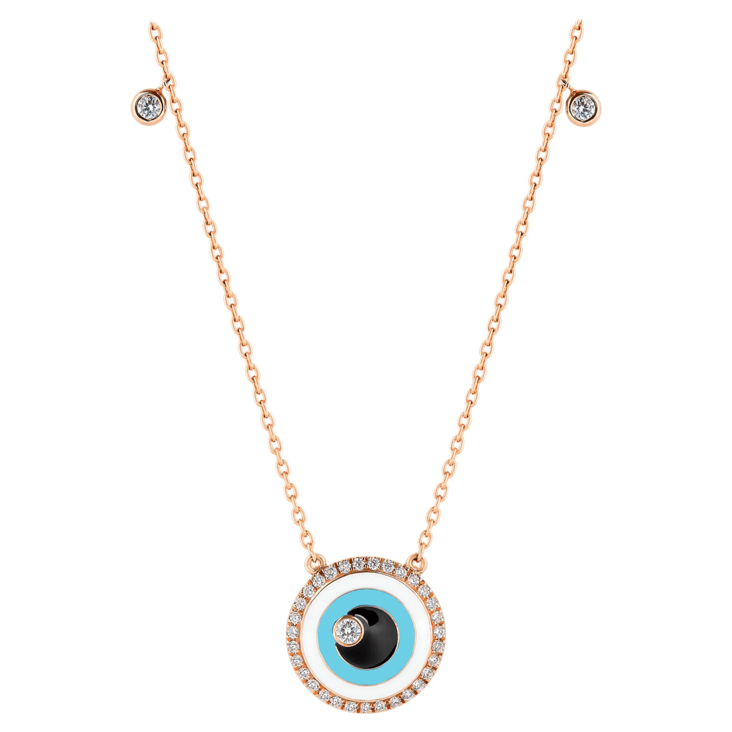 Diamond Evil Eye Talisman Necklace 18K Yellow Gold Turquoise White Black Enamel For Sale