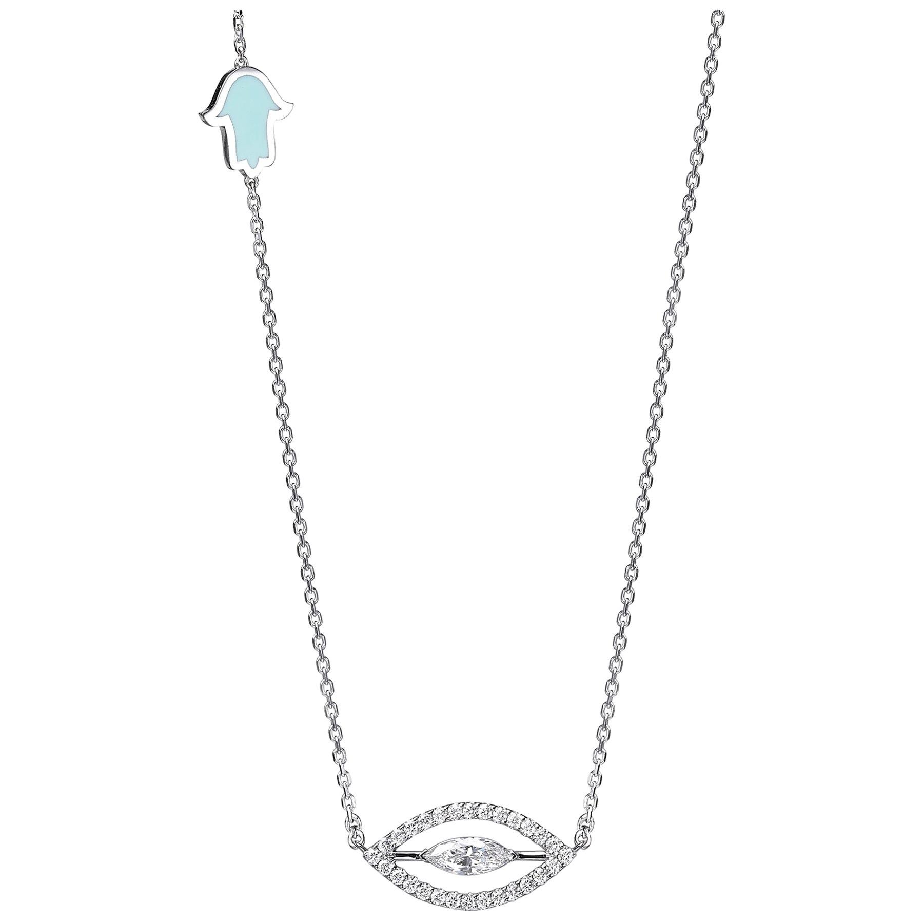 Hamsa & Eye Diamond Necklace 14K White Gold For Sale