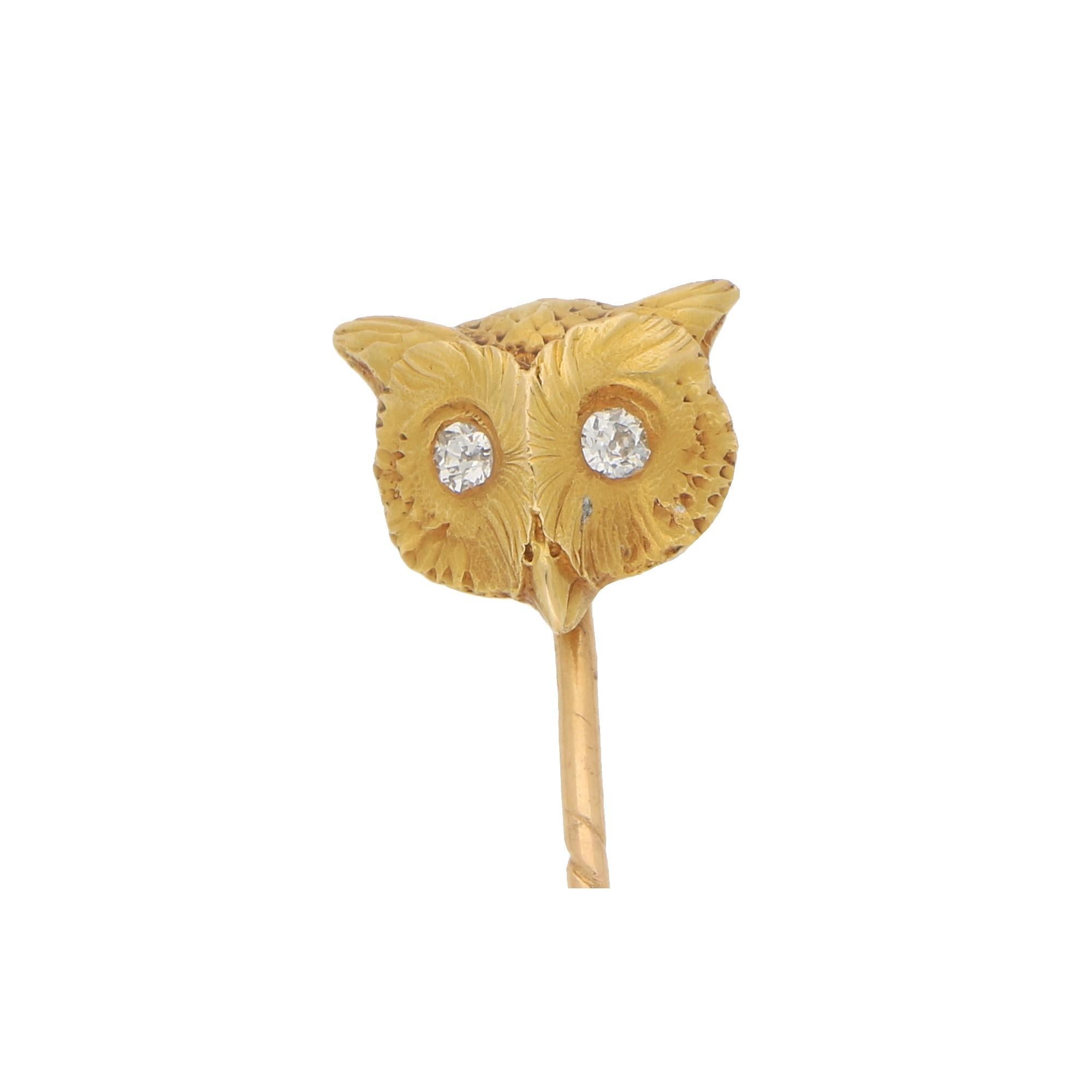 Old Mine Cut Diamond Eye Owl Face Stick Pin Brooch Set in 18 Karat Yellow Gold
