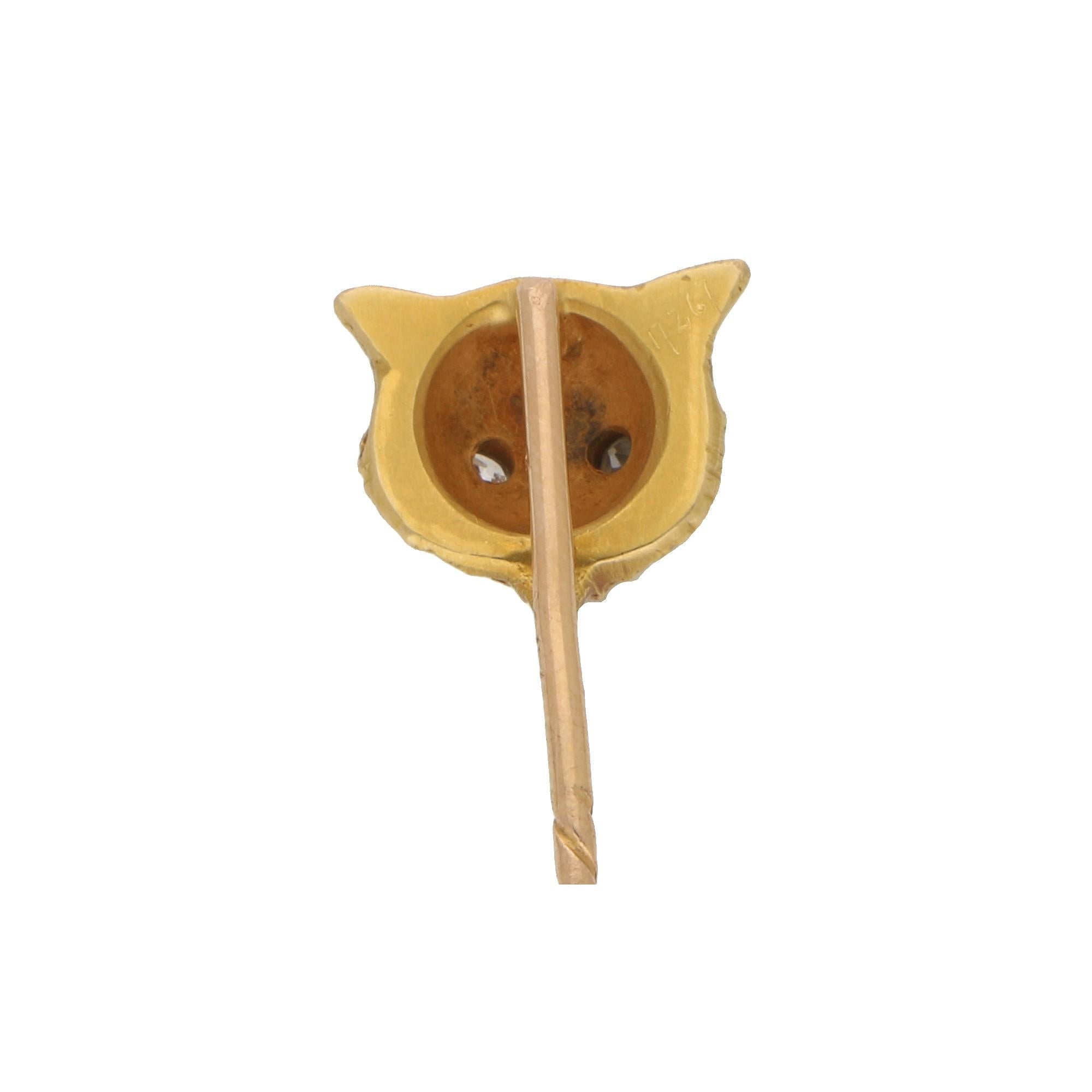 Diamond Eye Owl Face Stick Pin Brooch Set in 18 Karat Yellow Gold In Fair Condition In London, GB
