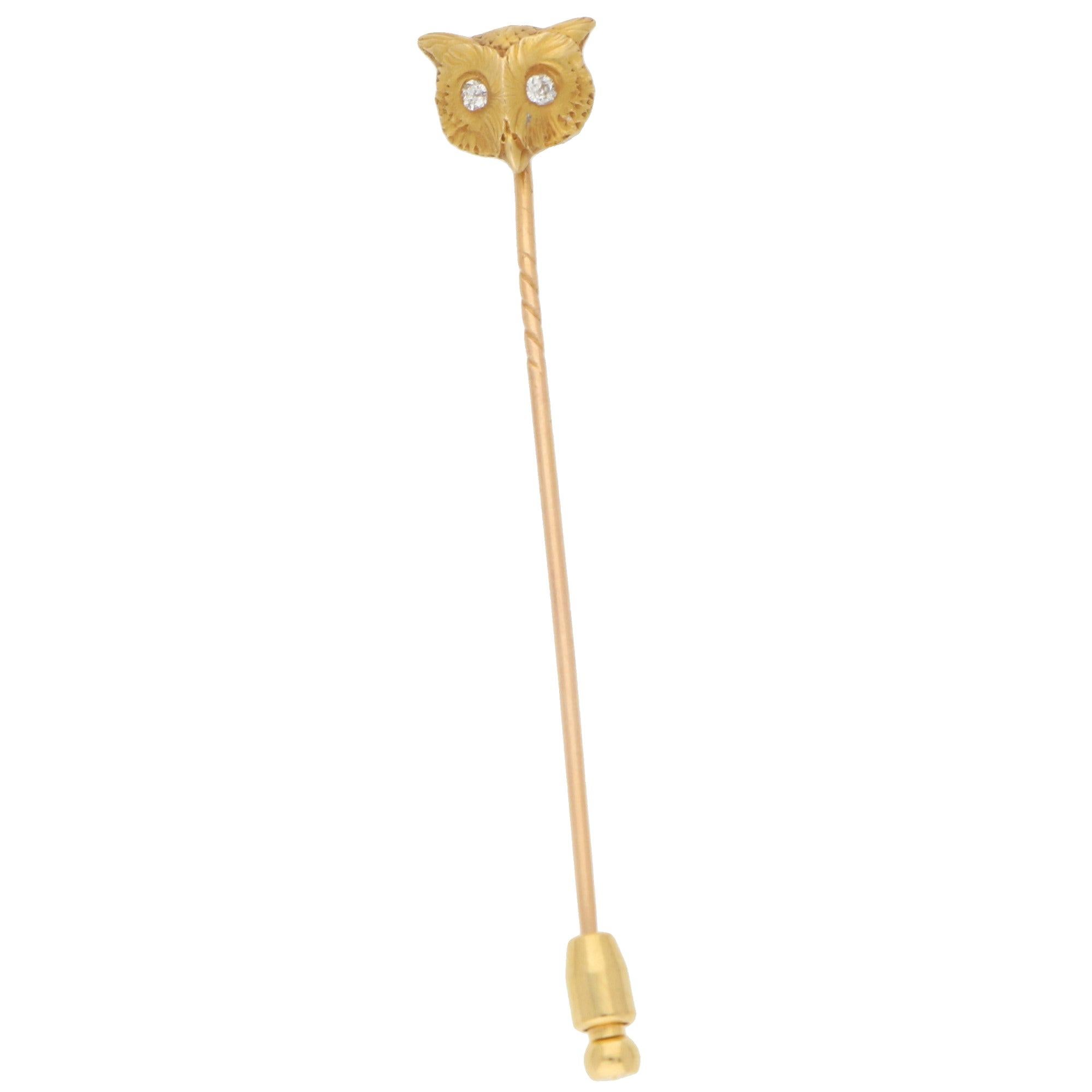 Diamond Eye Owl Face Stick Pin Brooch Set in 18 Karat Yellow Gold