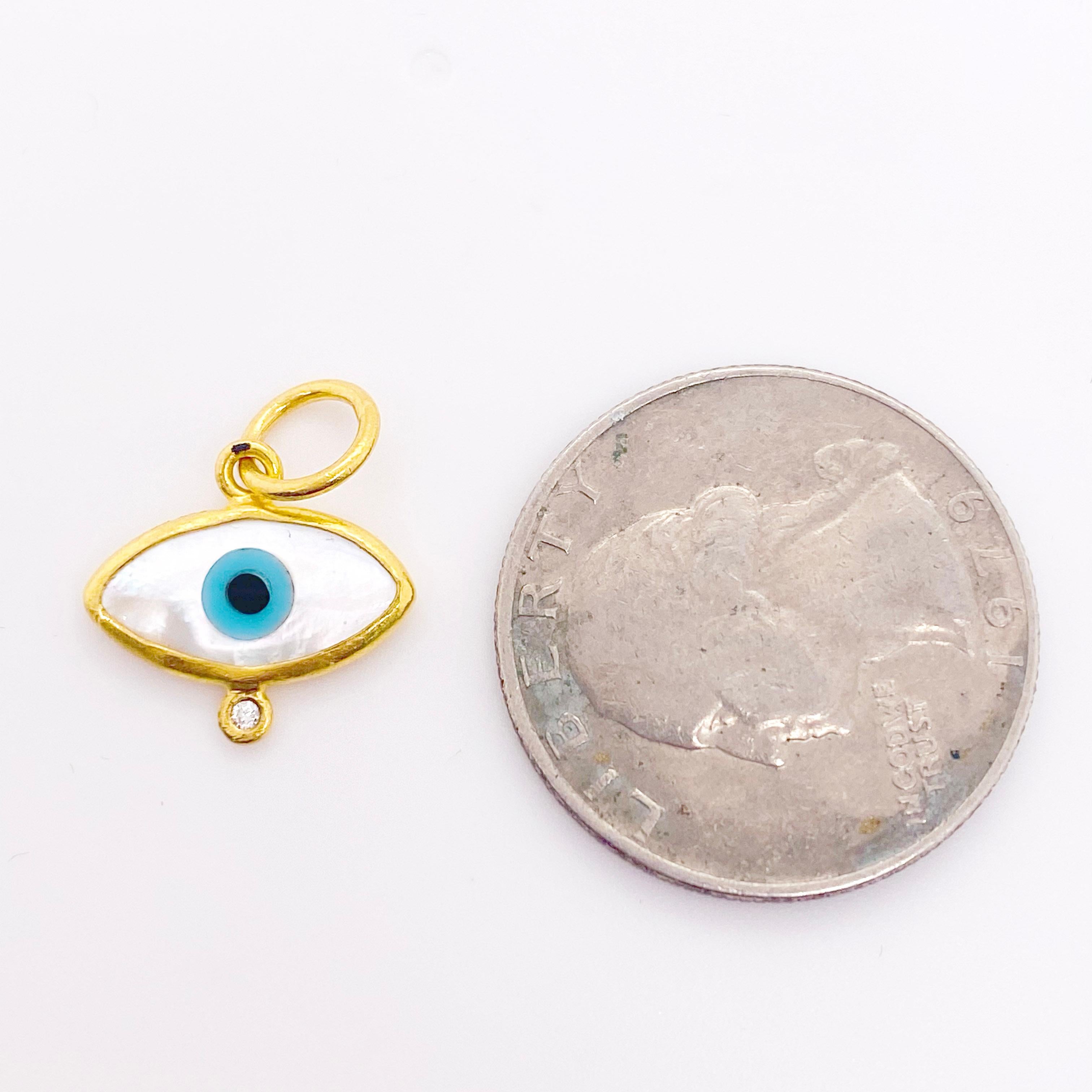 Contemporary Diamond Eye Pendant, 24k Yellow Gold, Mother of Pearl & Diamond Evil Eye Charm