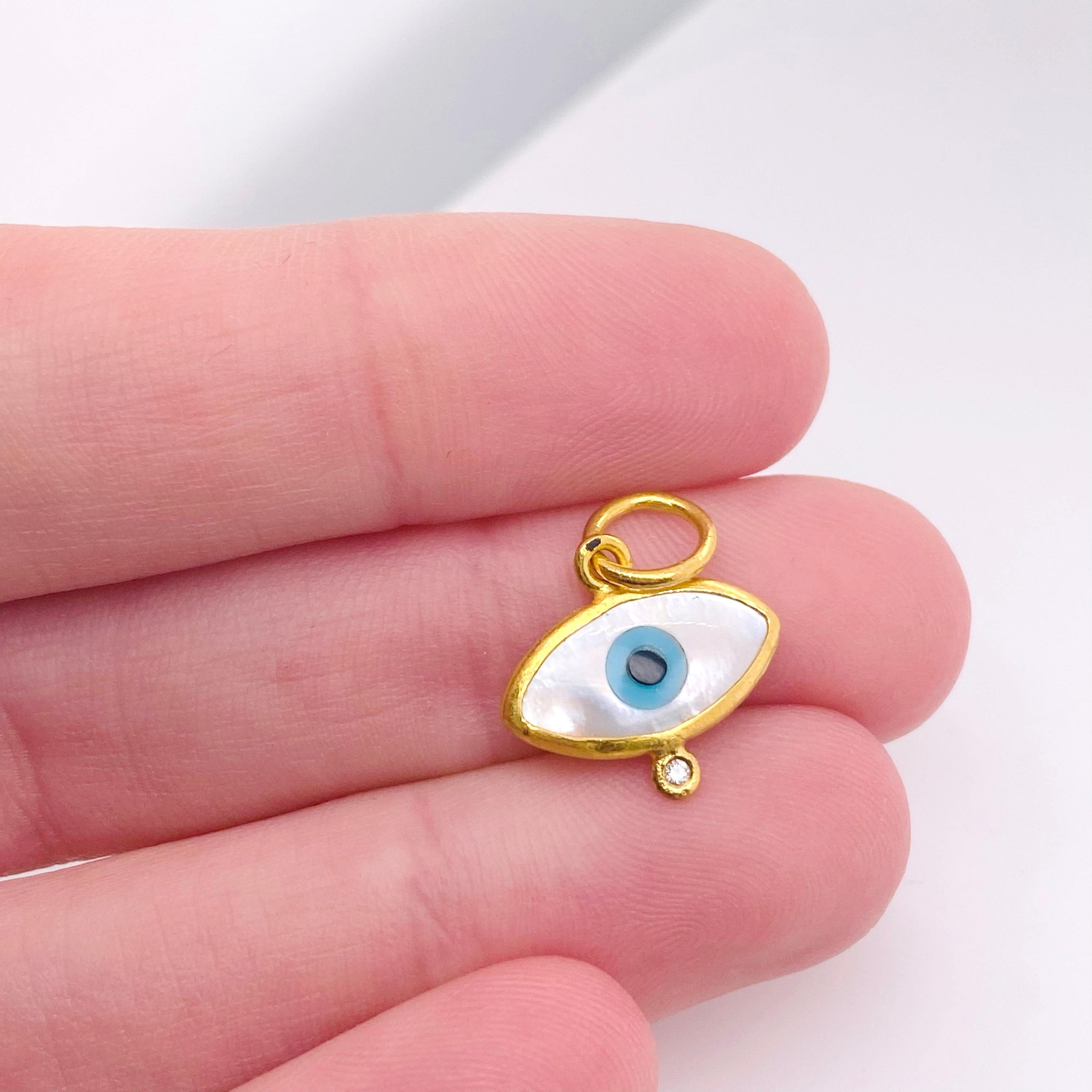 Round Cut Diamond Eye Pendant, 24k Yellow Gold, Mother of Pearl & Diamond Evil Eye Charm
