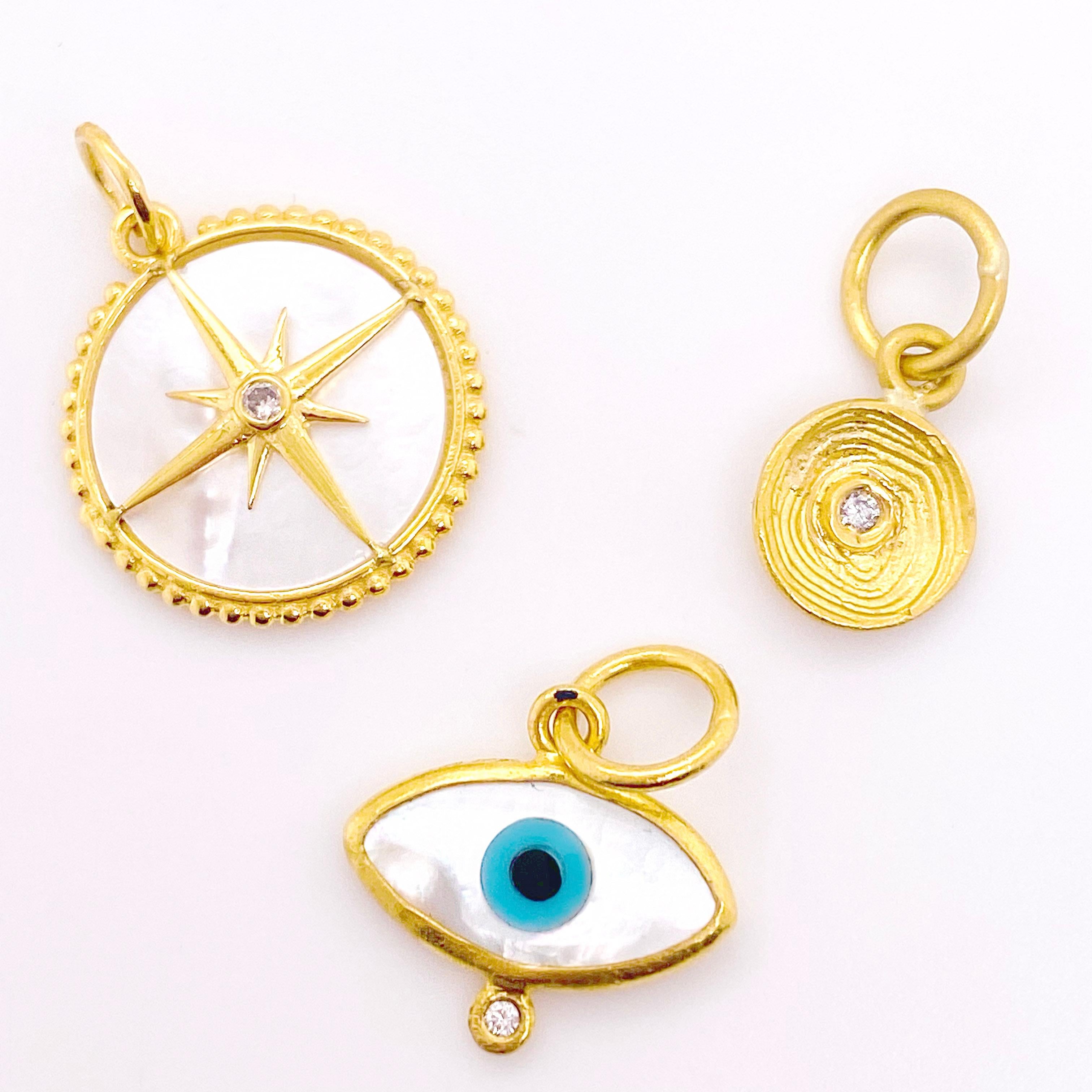 Diamond Eye Pendant, 24k Yellow Gold, Mother of Pearl & Diamond Evil Eye Charm In New Condition In Austin, TX