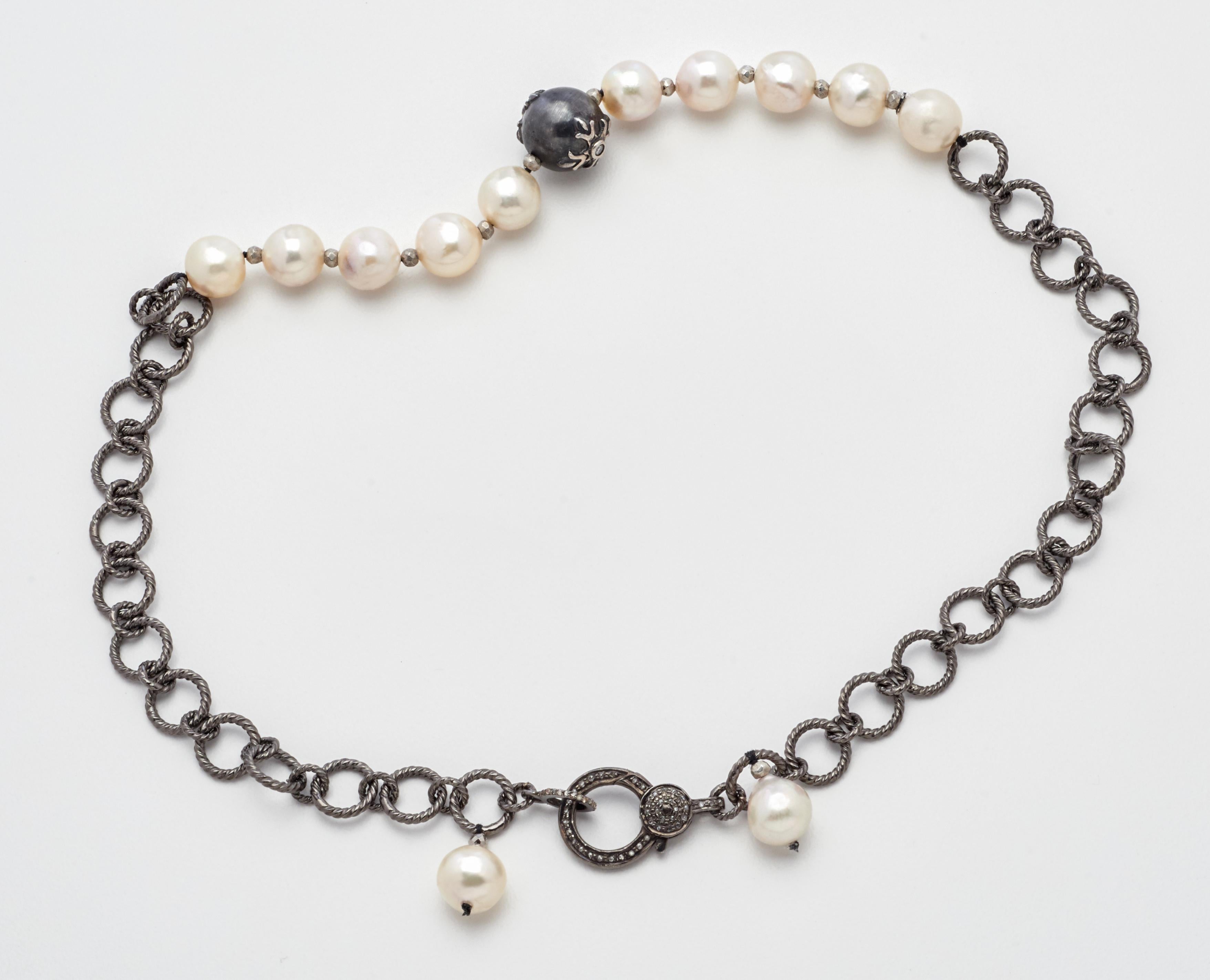 Uncut Diamond Eye South Sea Tahitian Pearl w Akoya Pearls  Sterling Silver Chain For Sale