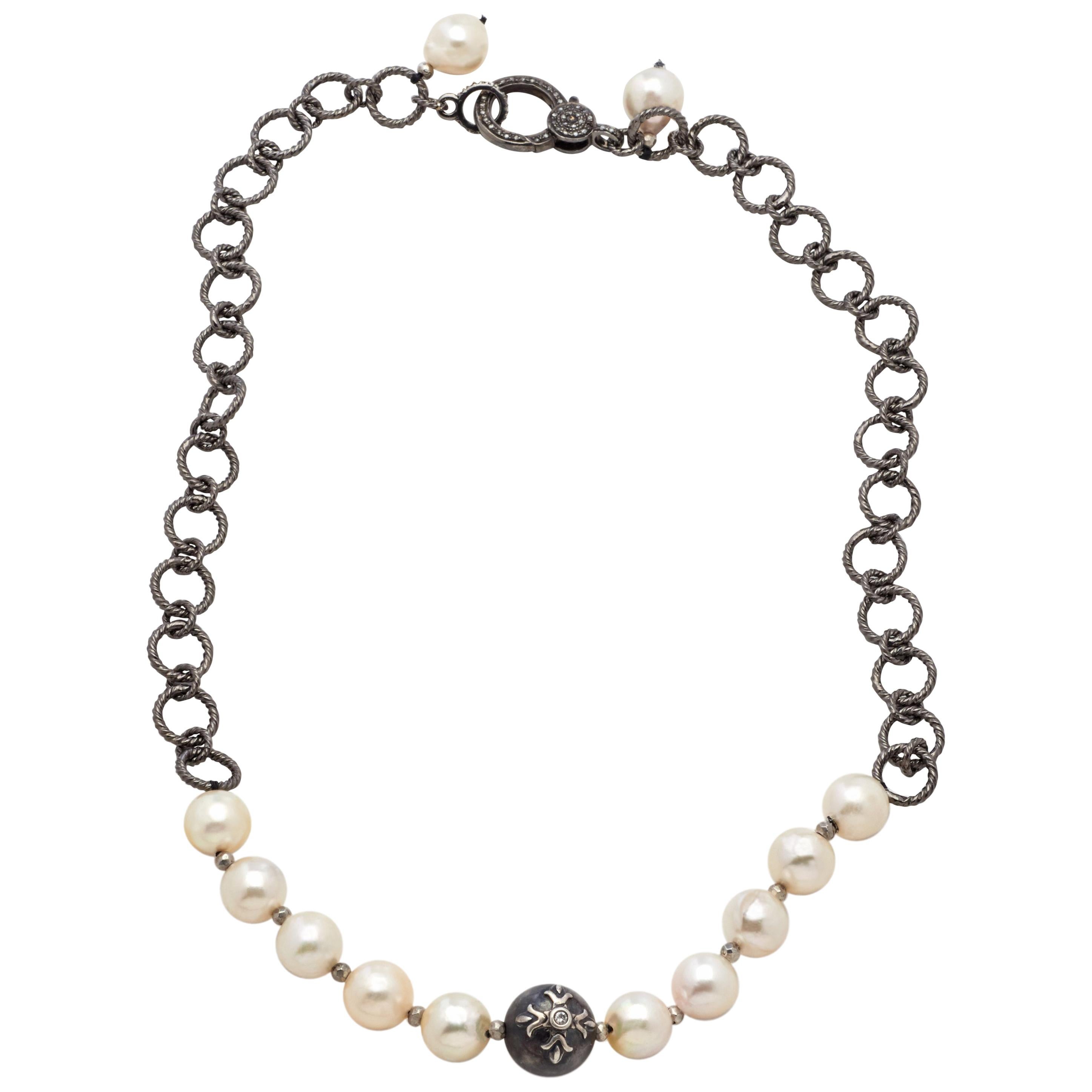 Diamond Eye South Sea Tahitian Pearl w Akoya Pearls  Sterling Silver Chain For Sale