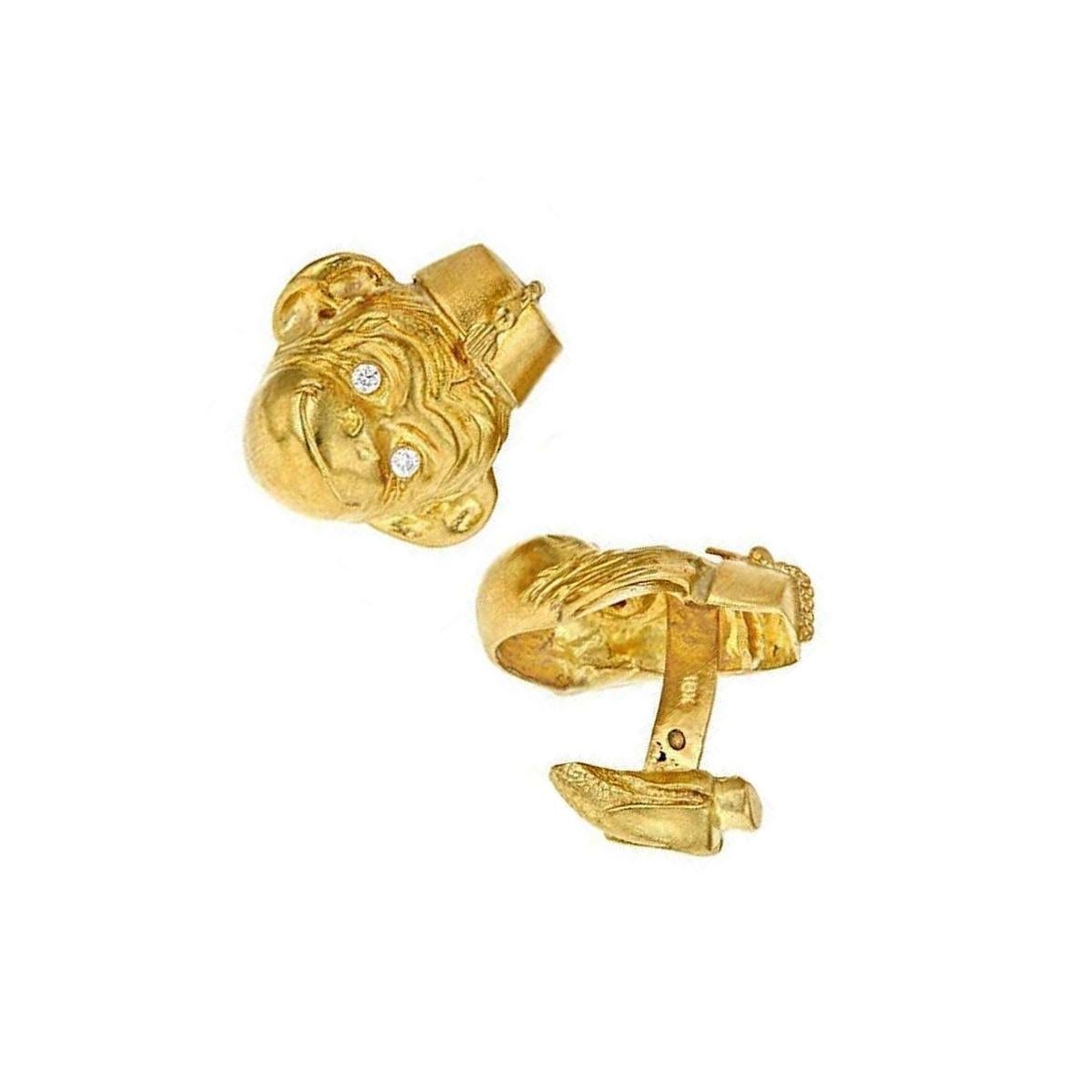 Diamond Eyes 18 Karat Gold SMALL MONKEY IN HAT Cufflinks by John Landrum Bryant In New Condition For Sale In New York, NY