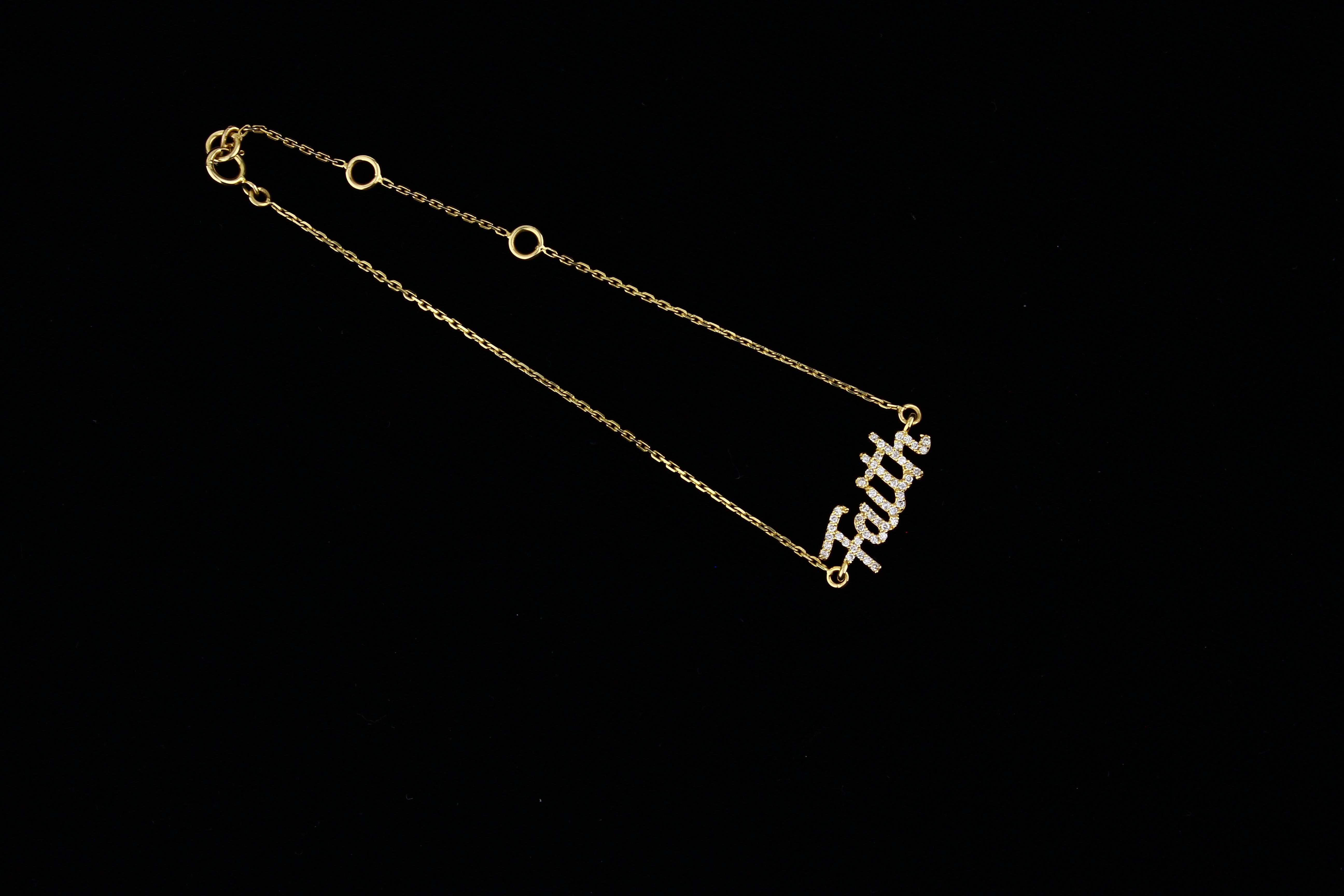 Diamond Faith Charm Bracelet in 18k Solid Gold For Sale 3