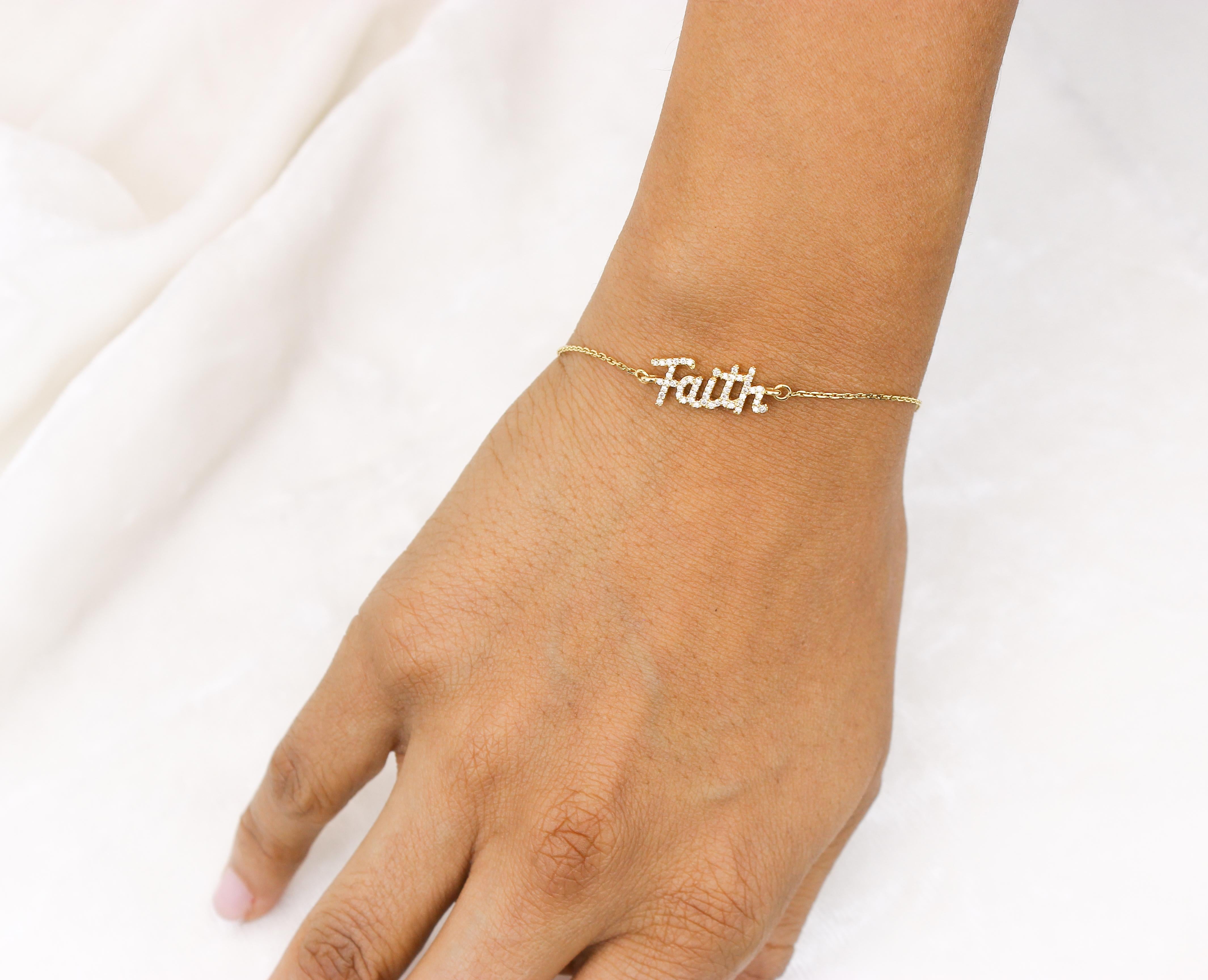 Diamond Faith Charm Bracelet in 18k Solid Gold For Sale 4