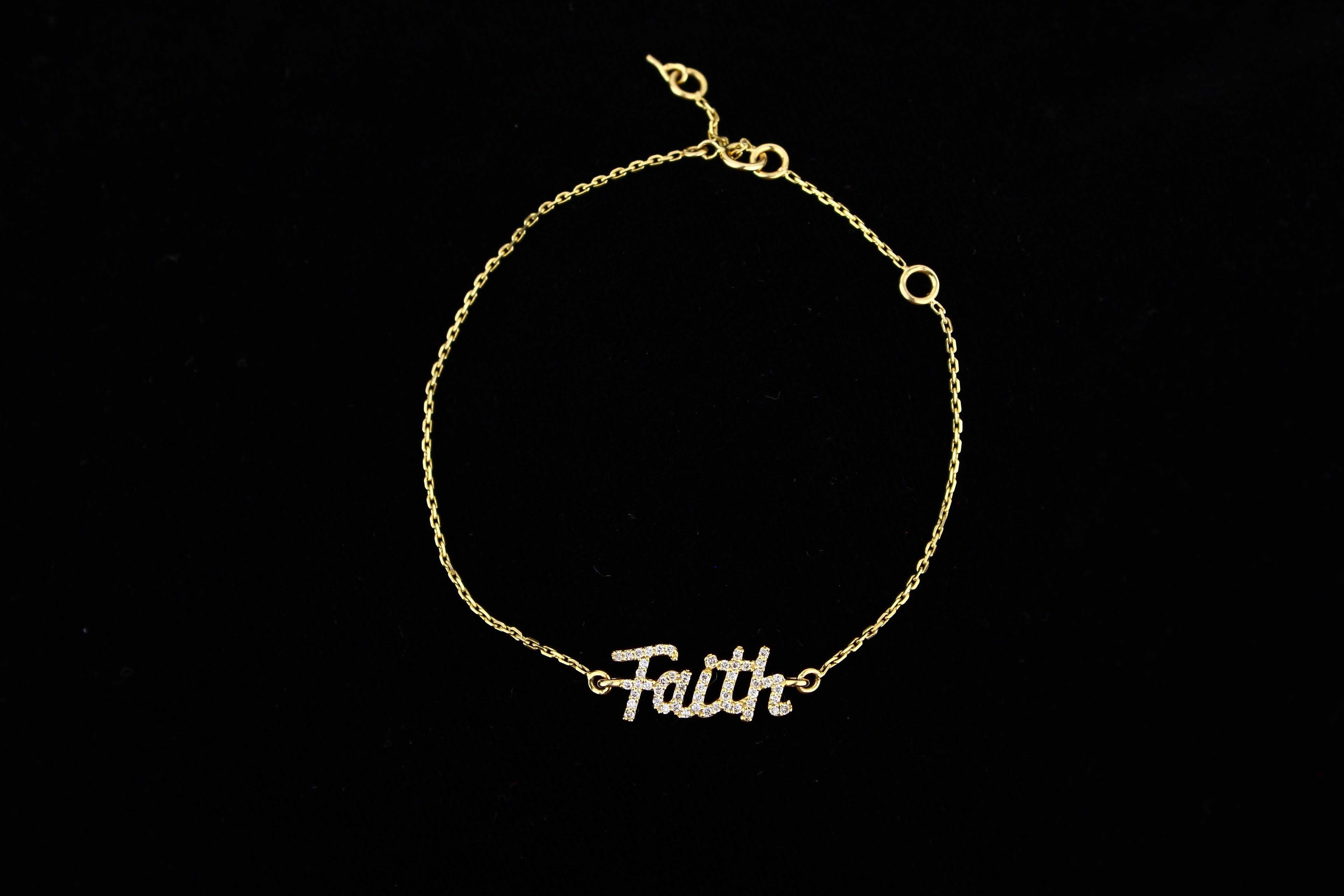 Diamond Faith Charm Bracelet in 18k Solid Gold For Sale 2