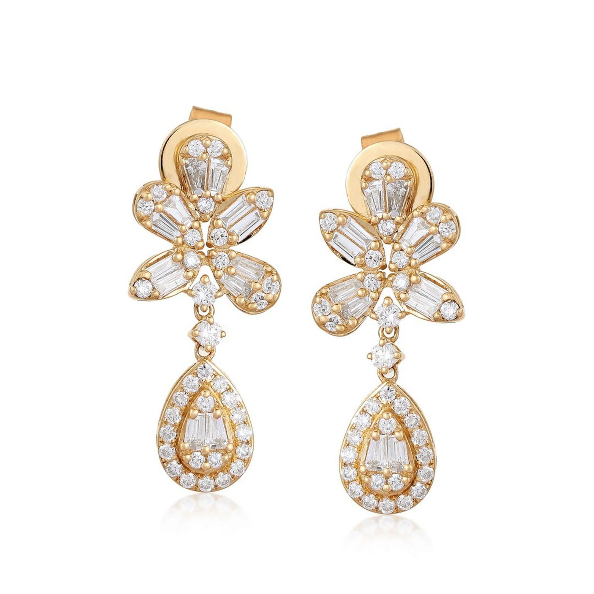 Boucles d'oreilles gouttes en or jaune 14K avec diamants et paillettes