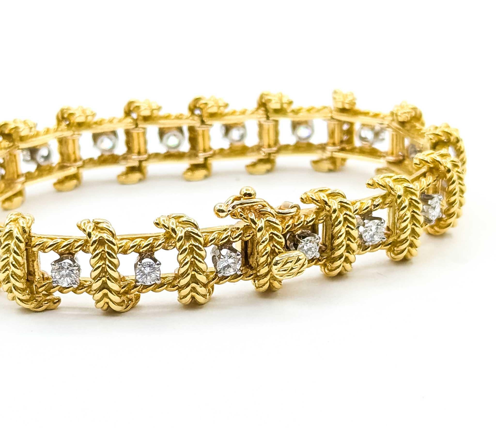 Diamond Fashion Bracelet in 18k Braided Design

Introducing this exquisite diamond fashion bracelet, meticulously crafted in a sophisticated 18k braided design. This elegant piece showcases a stunning array of 3.00 carat total weight diamonds, set