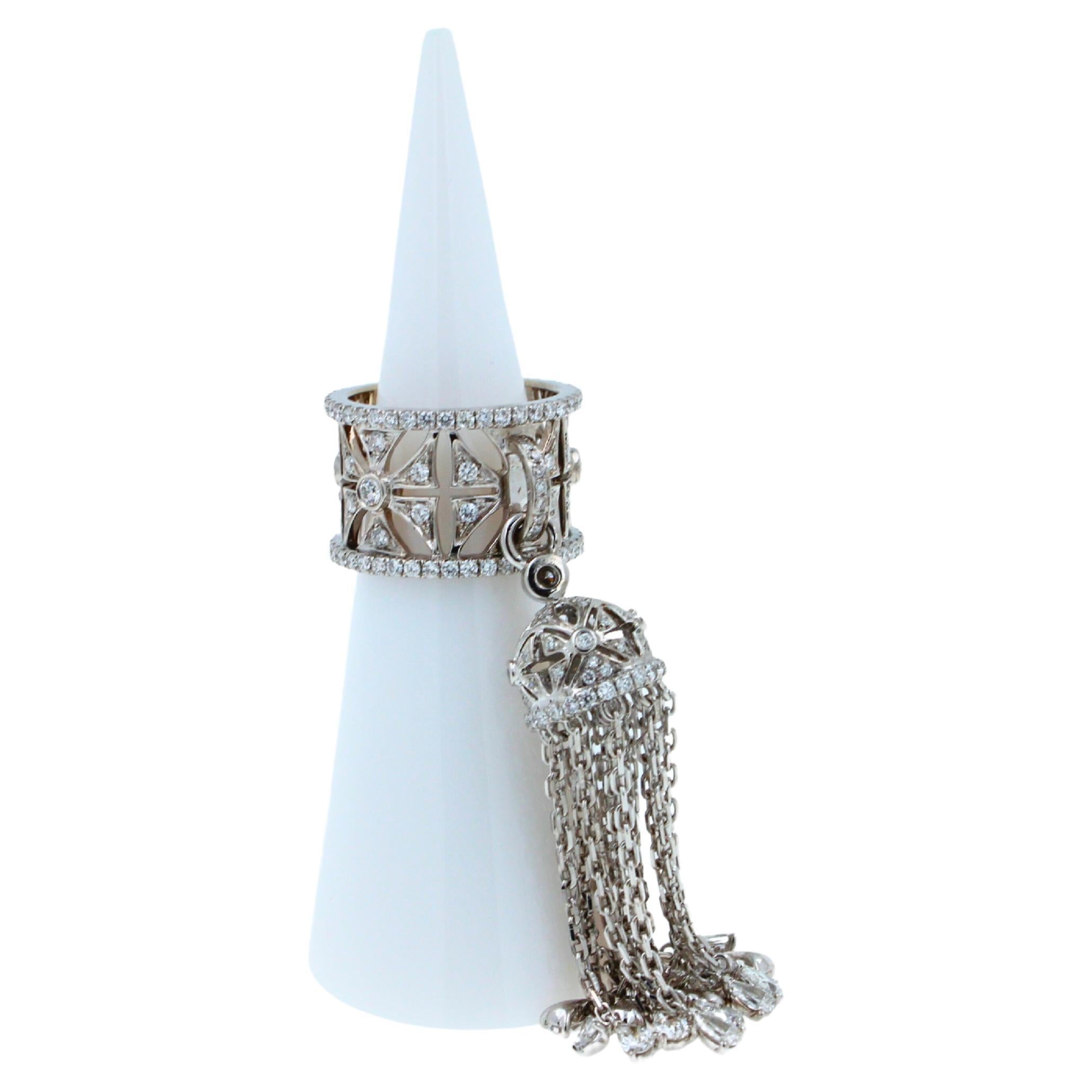 Diamond Fashion Pave Tassel Chains Geometric Crown Drop 18 Karat White Gold Ring For Sale 1