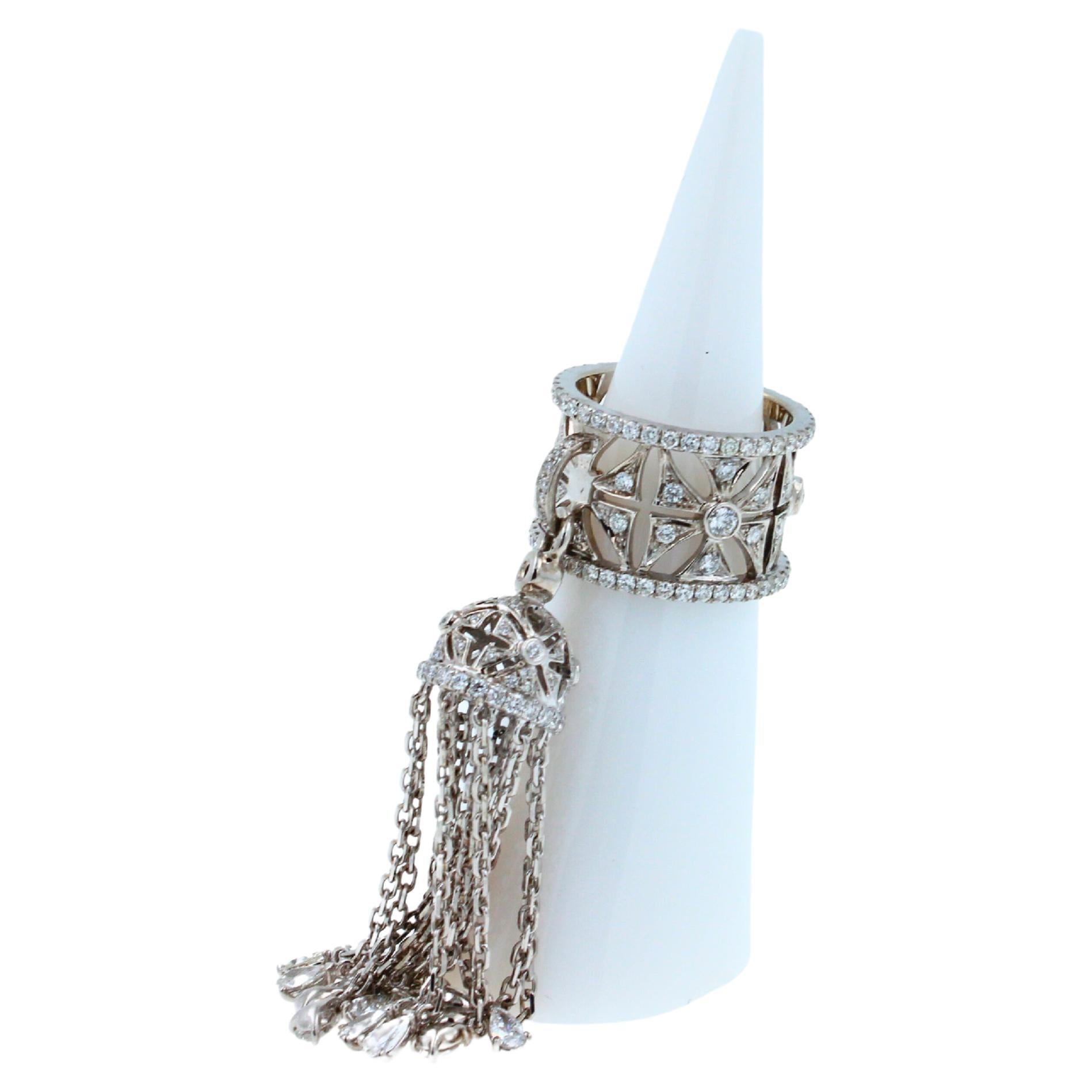Diamond Fashion Pave Tassel Chains Geometric Crown Drop 18 Karat White Gold Ring For Sale 2