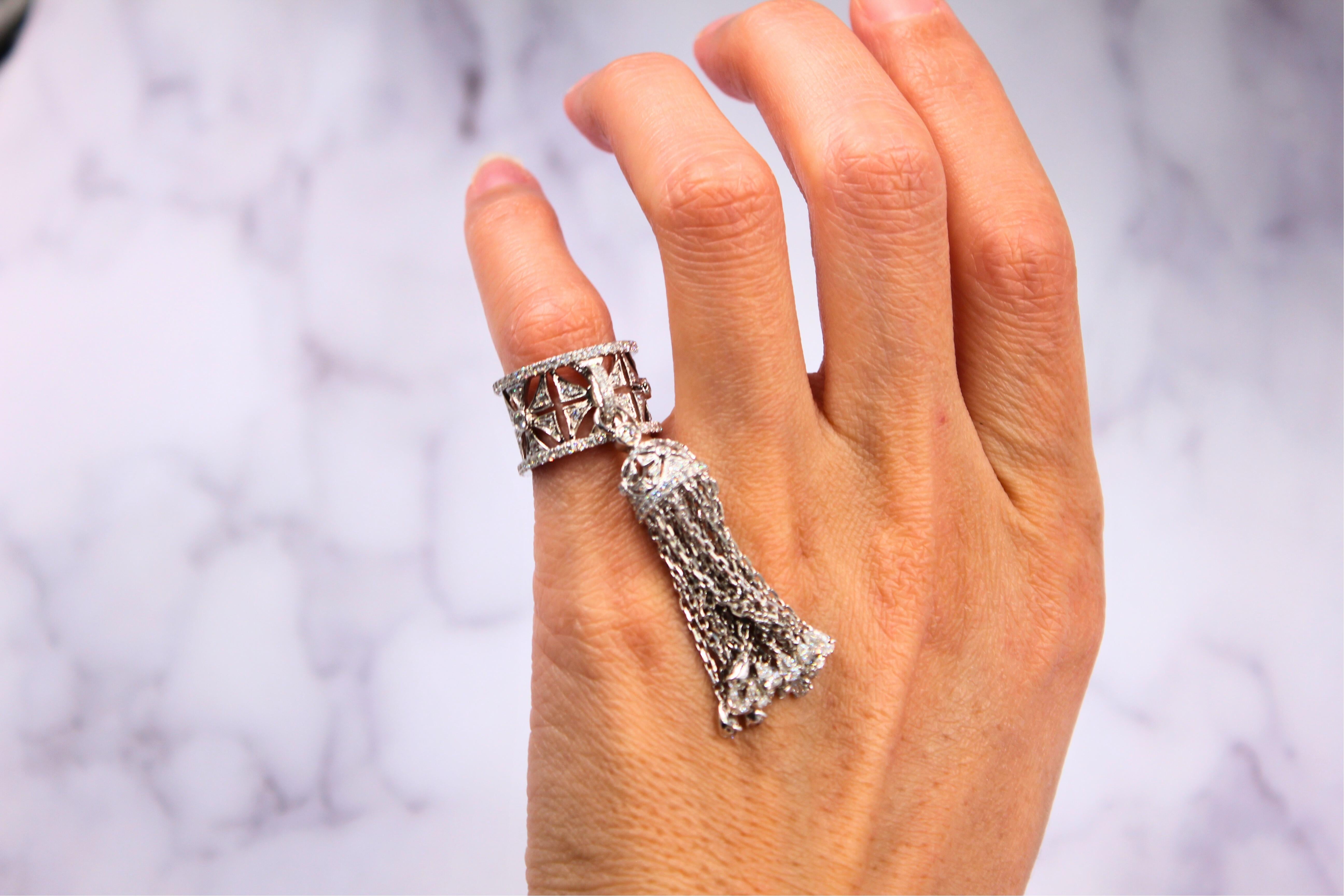 Diamond Fashion Pave Tassel Chains Geometric Crown Drop 18 Karat White Gold Ring 5
