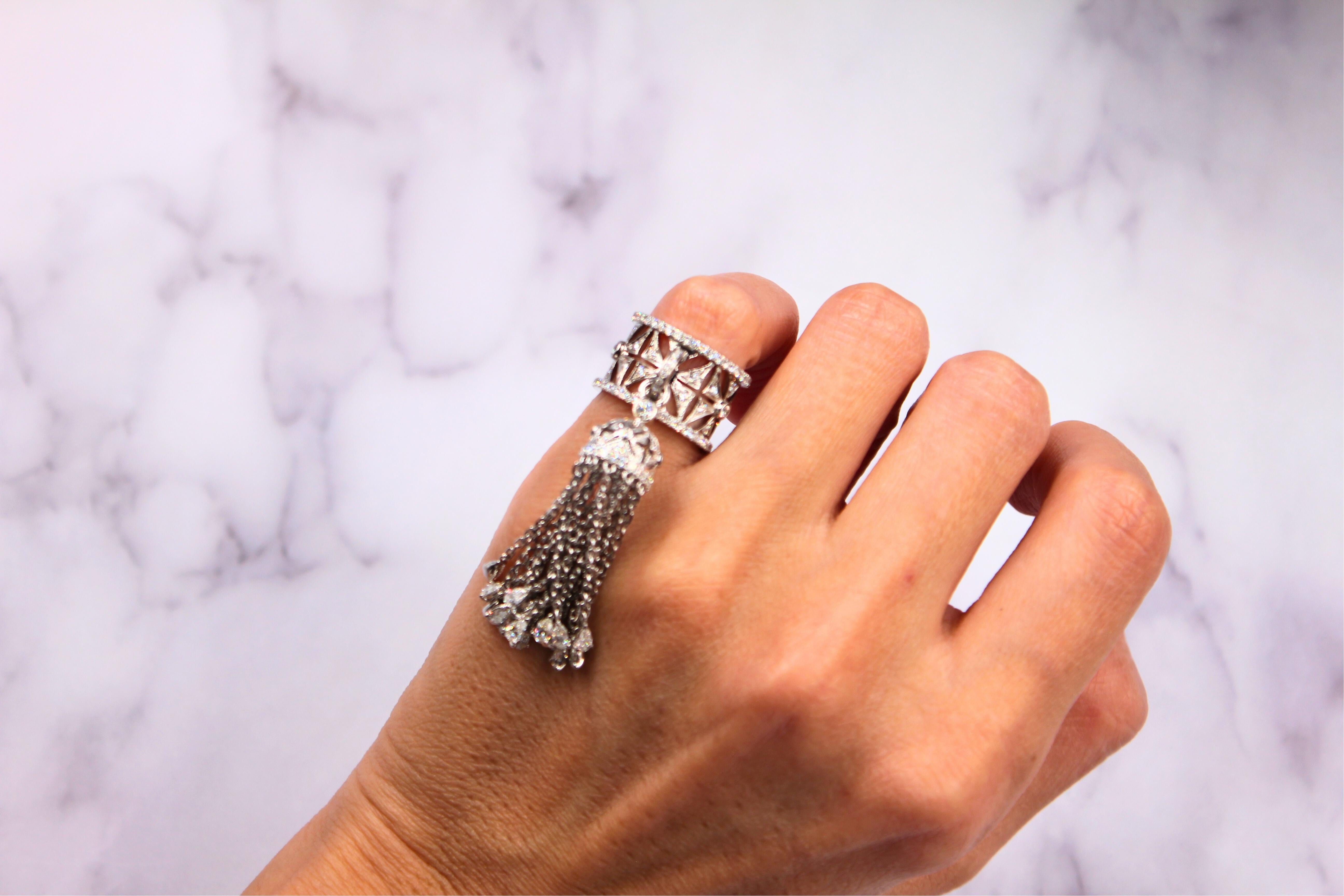 Diamond Fashion Pave Tassel Chains Geometric Crown Drop 18 Karat White Gold Ring For Sale 6