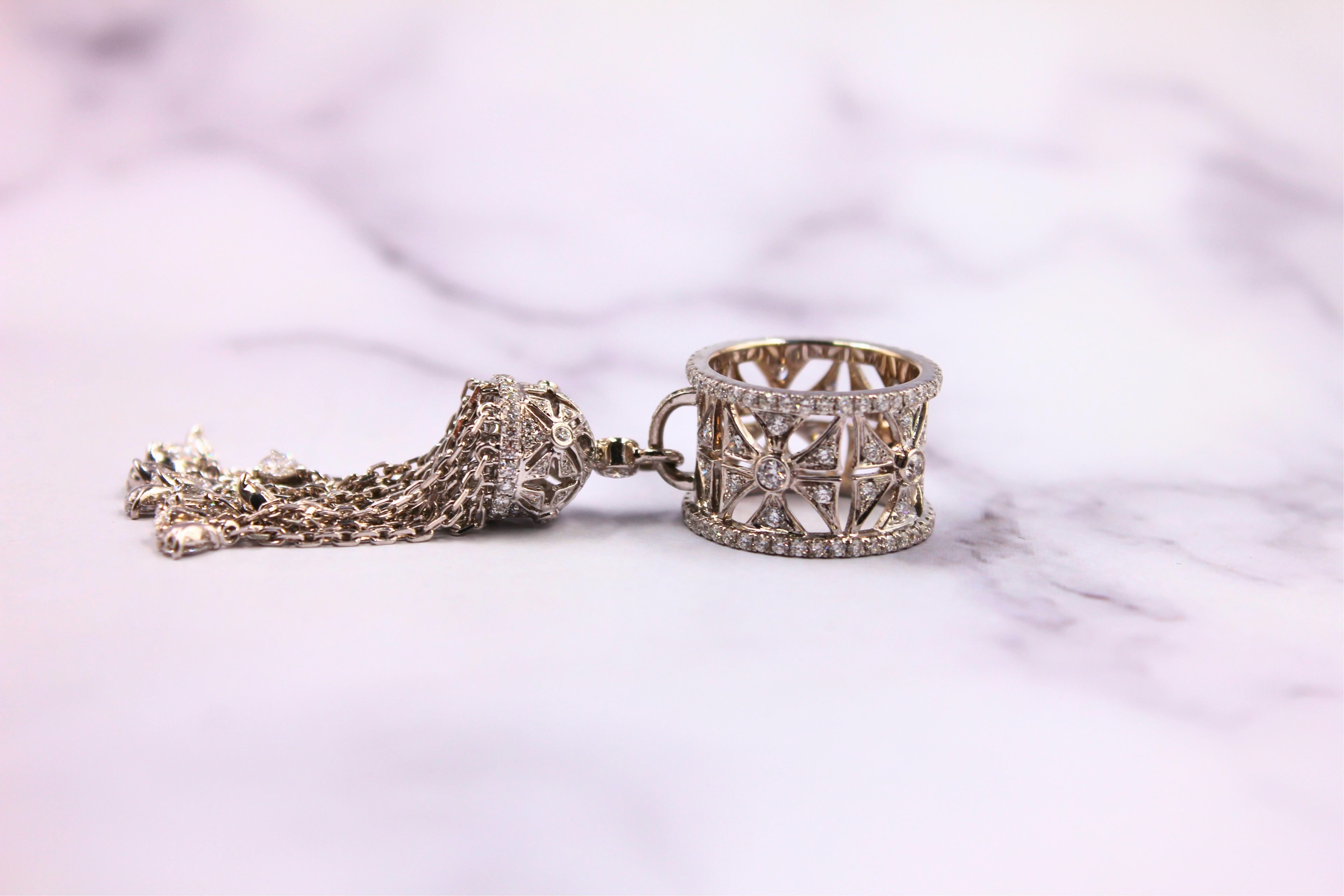 Diamond Fashion Pave Tassel Chains Geometric Crown Drop 18 Karat White Gold Ring For Sale 7
