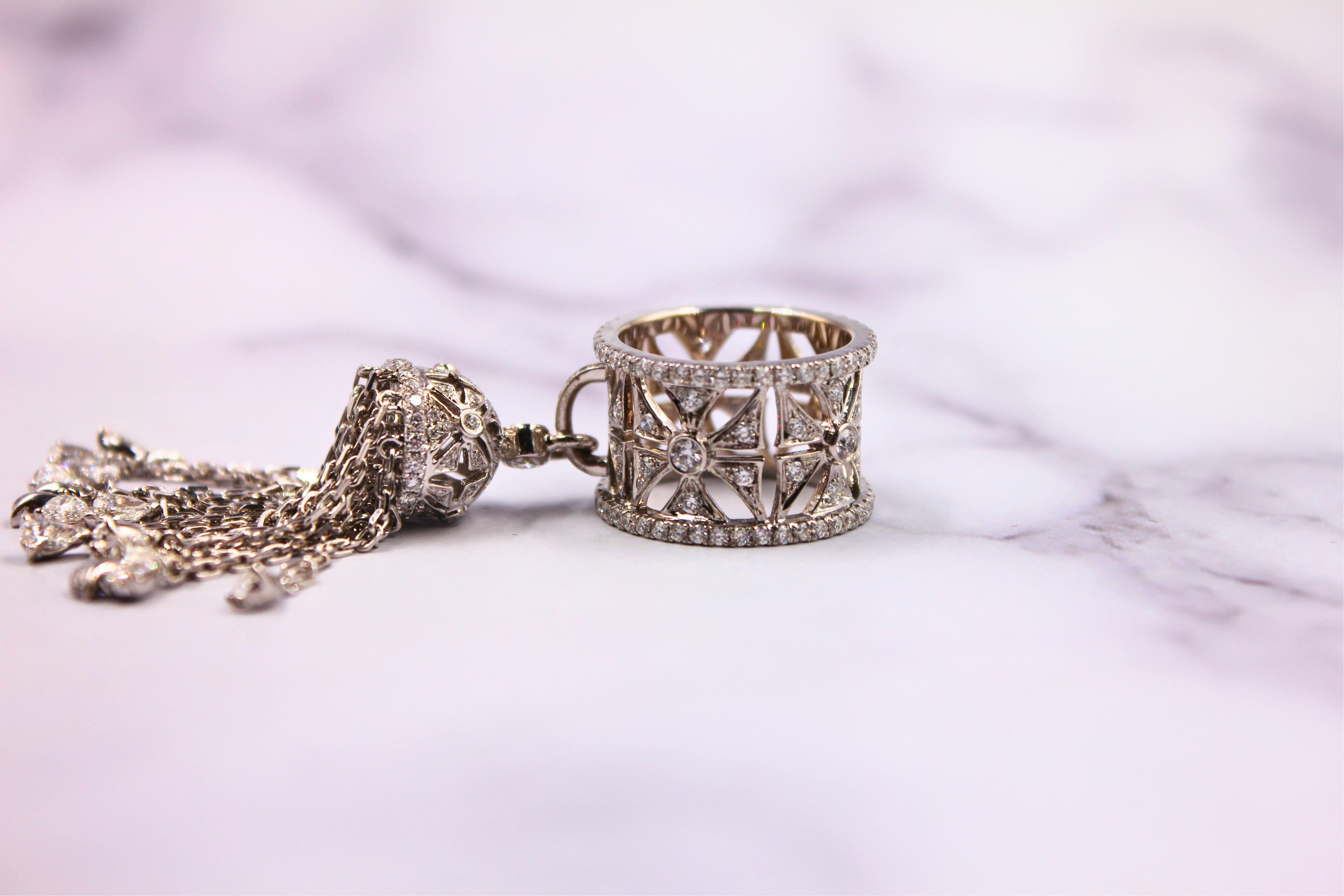 Diamond Fashion Pave Tassel Chains Geometric Crown Drop 18 Karat White Gold Ring For Sale 10