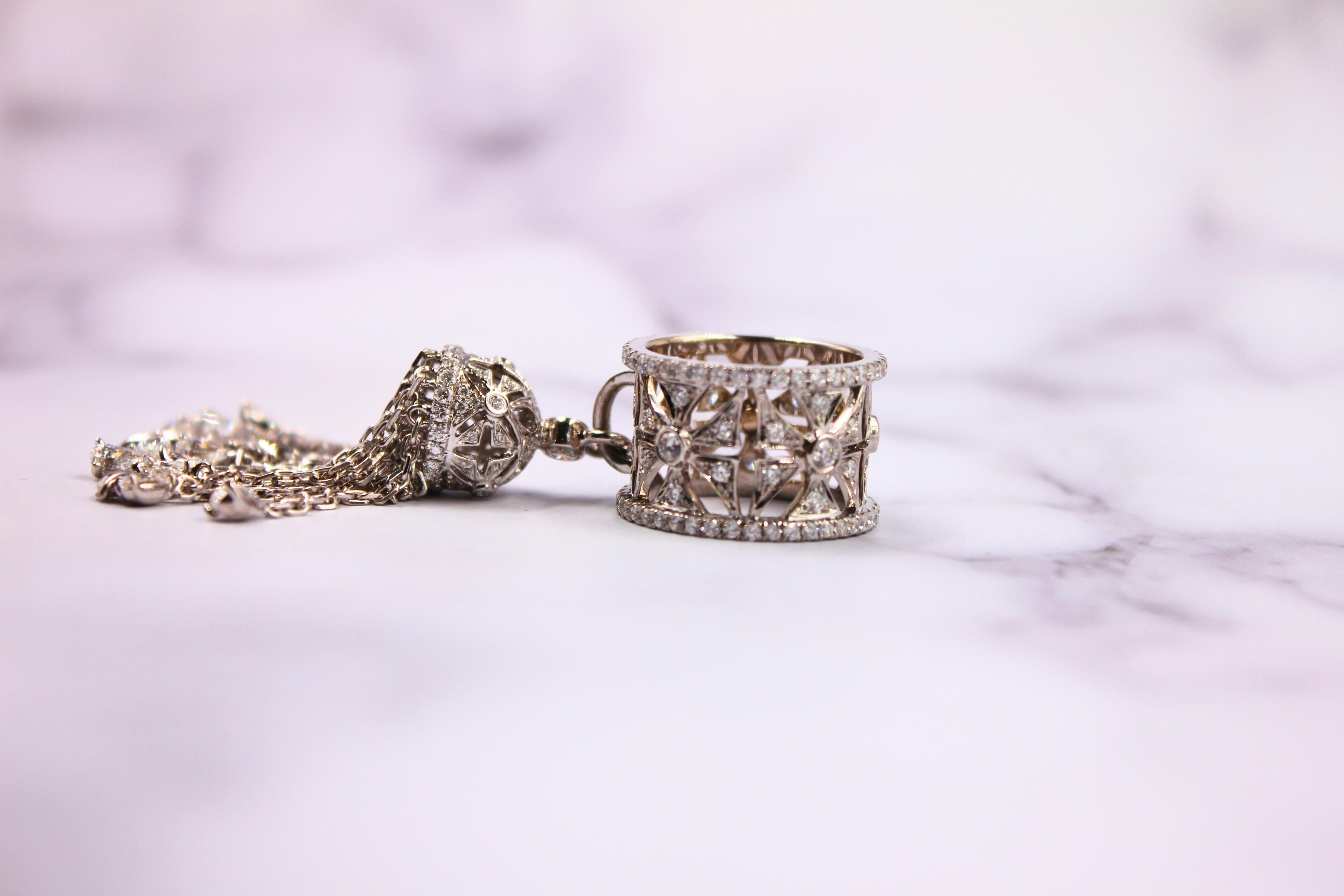Diamond Fashion Pave Tassel Chains Geometric Crown Drop 18 Karat White Gold Ring For Sale 11