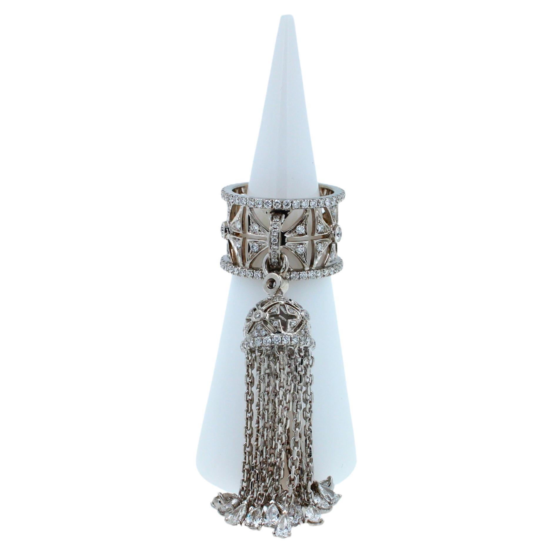 Art Deco Diamond Fashion Pave Tassel Chains Geometric Crown Drop 18 Karat White Gold Ring For Sale