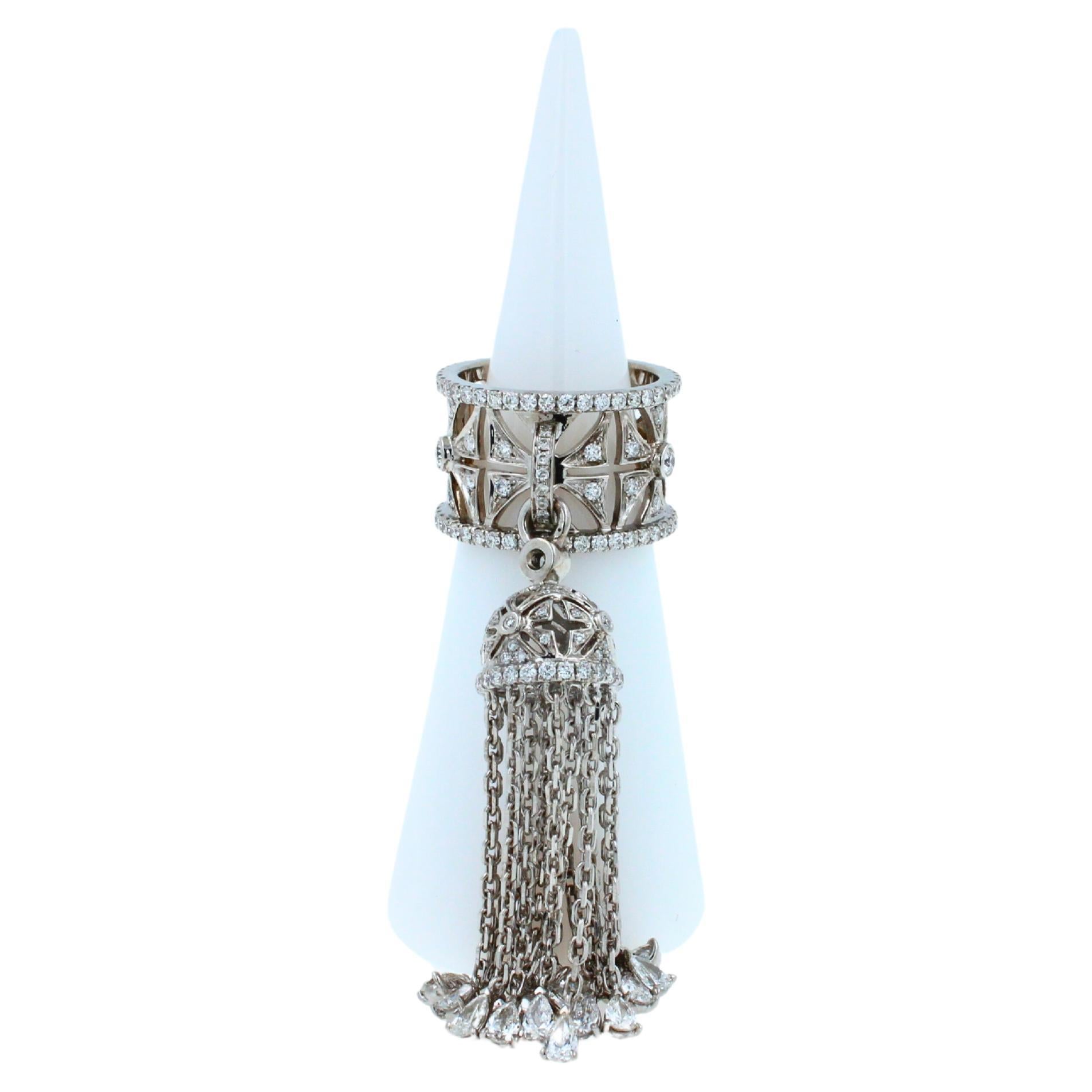 Pear Cut Diamond Fashion Pave Tassel Chains Geometric Crown Drop 18 Karat White Gold Ring For Sale