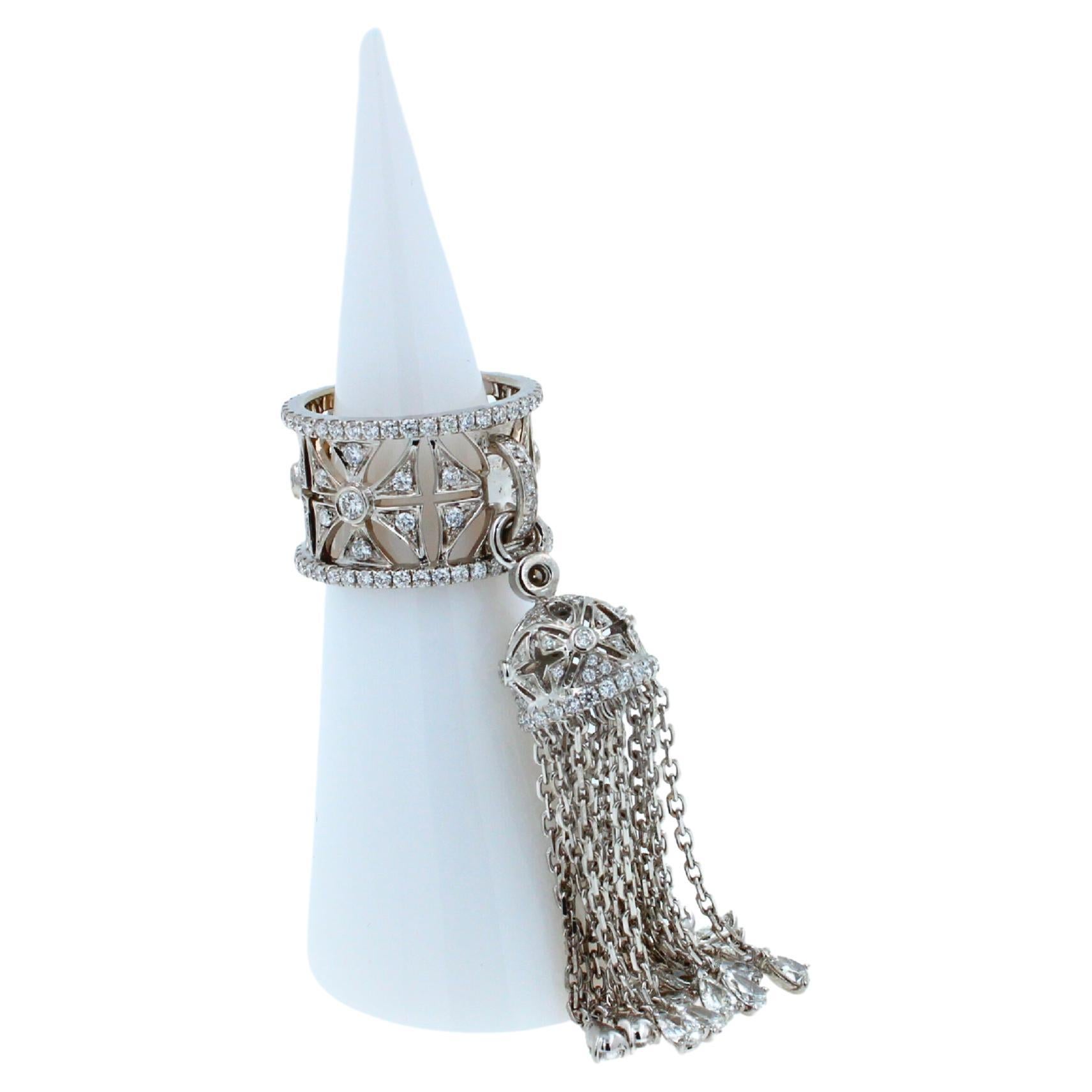 Diamond Fashion Pave Tassel Chains Geometric Crown Drop 18 Karat White Gold Ring In New Condition For Sale In Oakton, VA