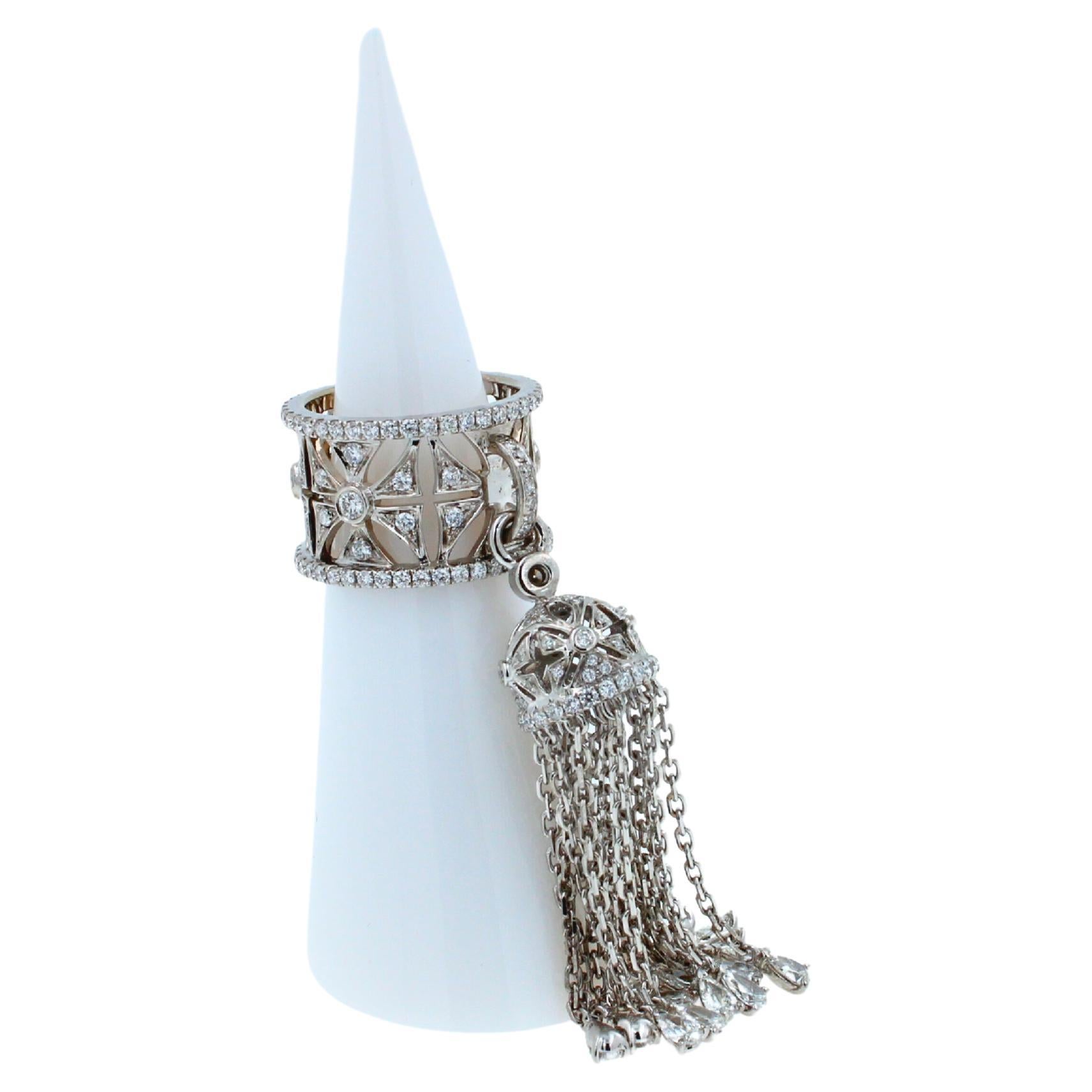 Diamond Fashion Pave Tassel Chains Geometric Crown Drop 18 Karat White Gold Ring In New Condition In Oakton, VA