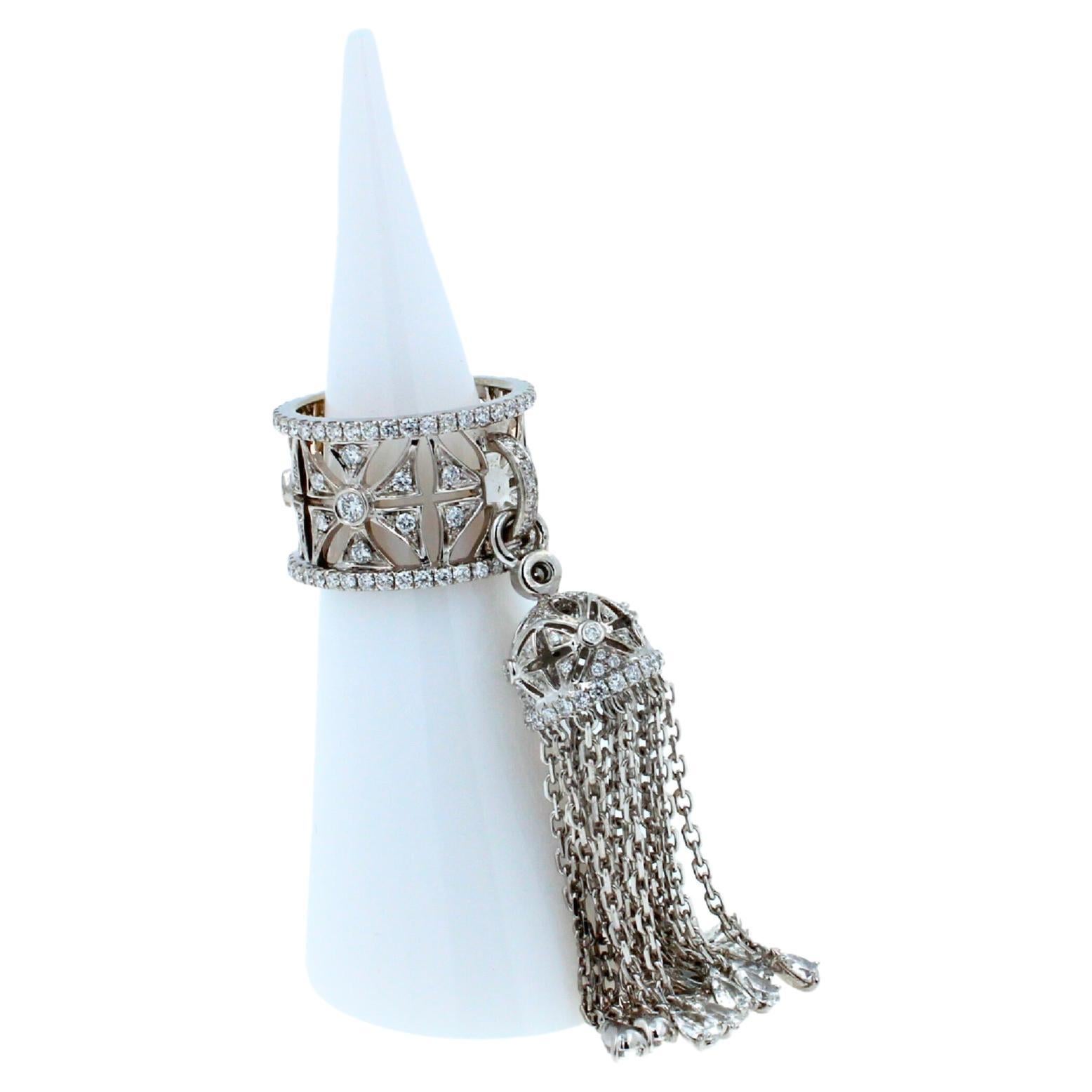 Women's or Men's Diamond Fashion Pave Tassel Chains Geometric Crown Drop 18 Karat White Gold Ring For Sale