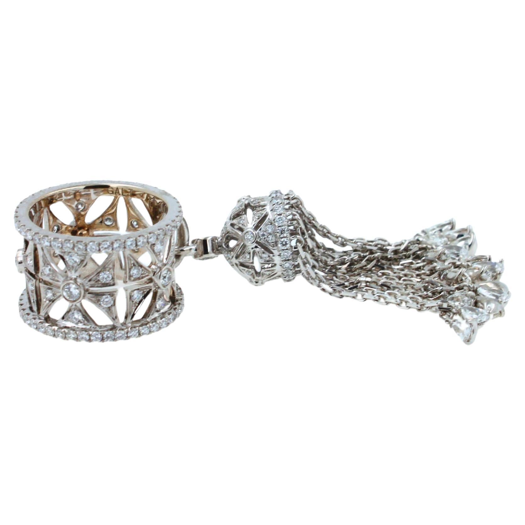 Diamond Fashion Pave Tassel Chains Geometric Crown Drop 18 Karat White Gold Ring For Sale
