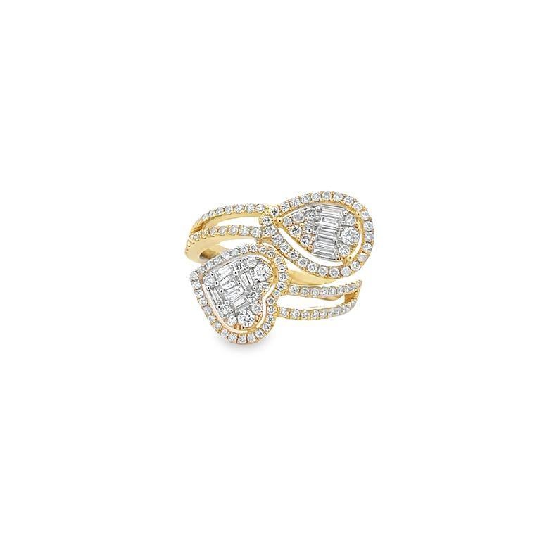 Introducing our latest fashion ring, which is adorned with a unique mix of diamond shapes. The design consists of a two-row band, with each row containing round & baguette diamonds. The diamond shapes are a perfect balance of round and baguette,