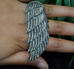 Diamond Feather Shaped Ring 925 Silver Designer Vintage Band