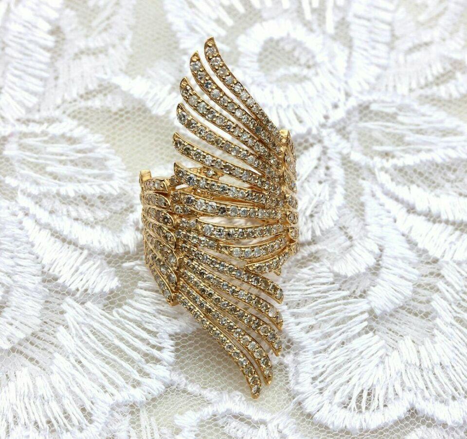 Round Cut Diamond Feather Wrap Ring 14k Solid Gold Vintage Designer For Sale