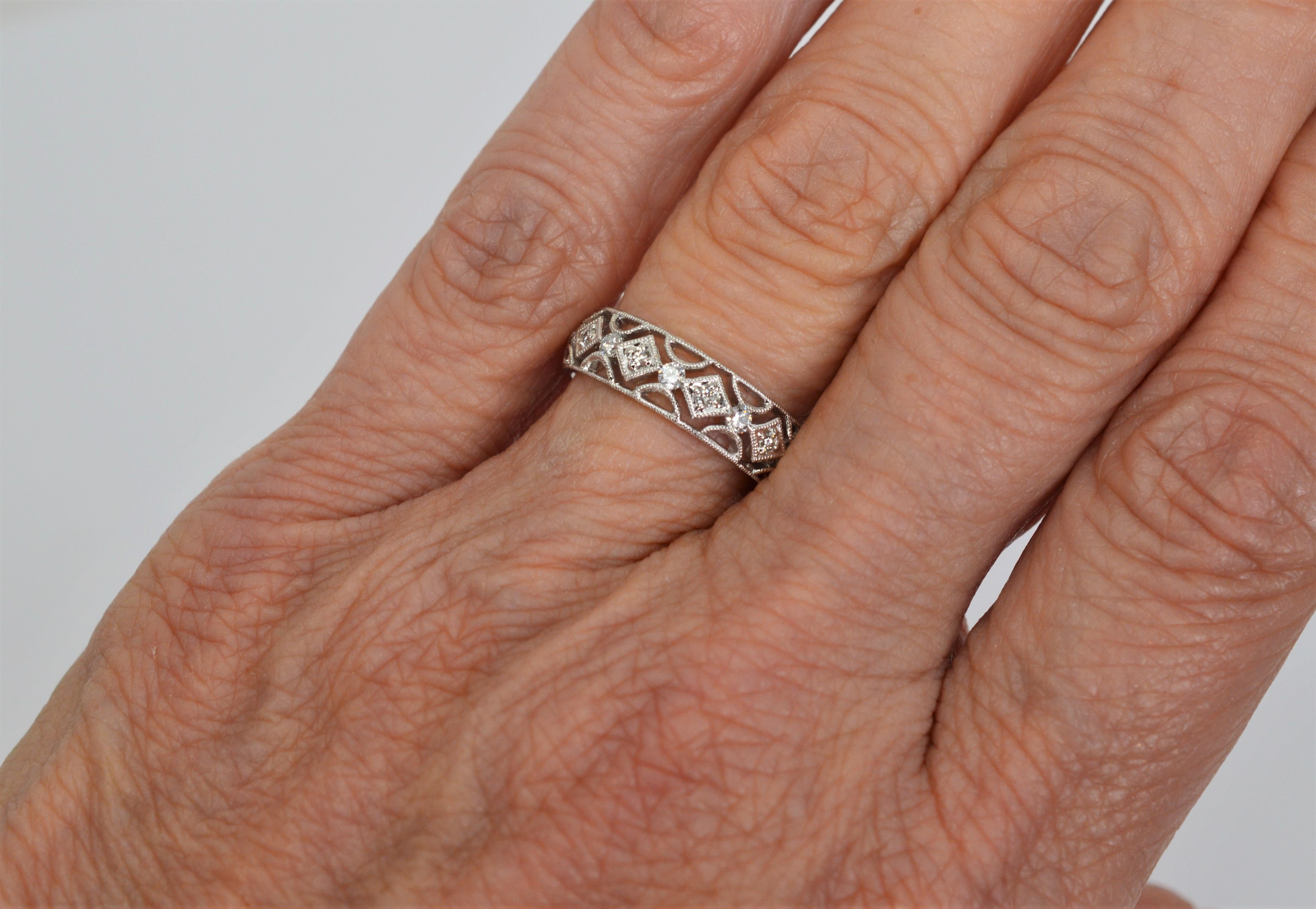 Diamond Filigree 18 Karat White Gold Eternity Band Ring In Excellent Condition For Sale In Mount Kisco, NY