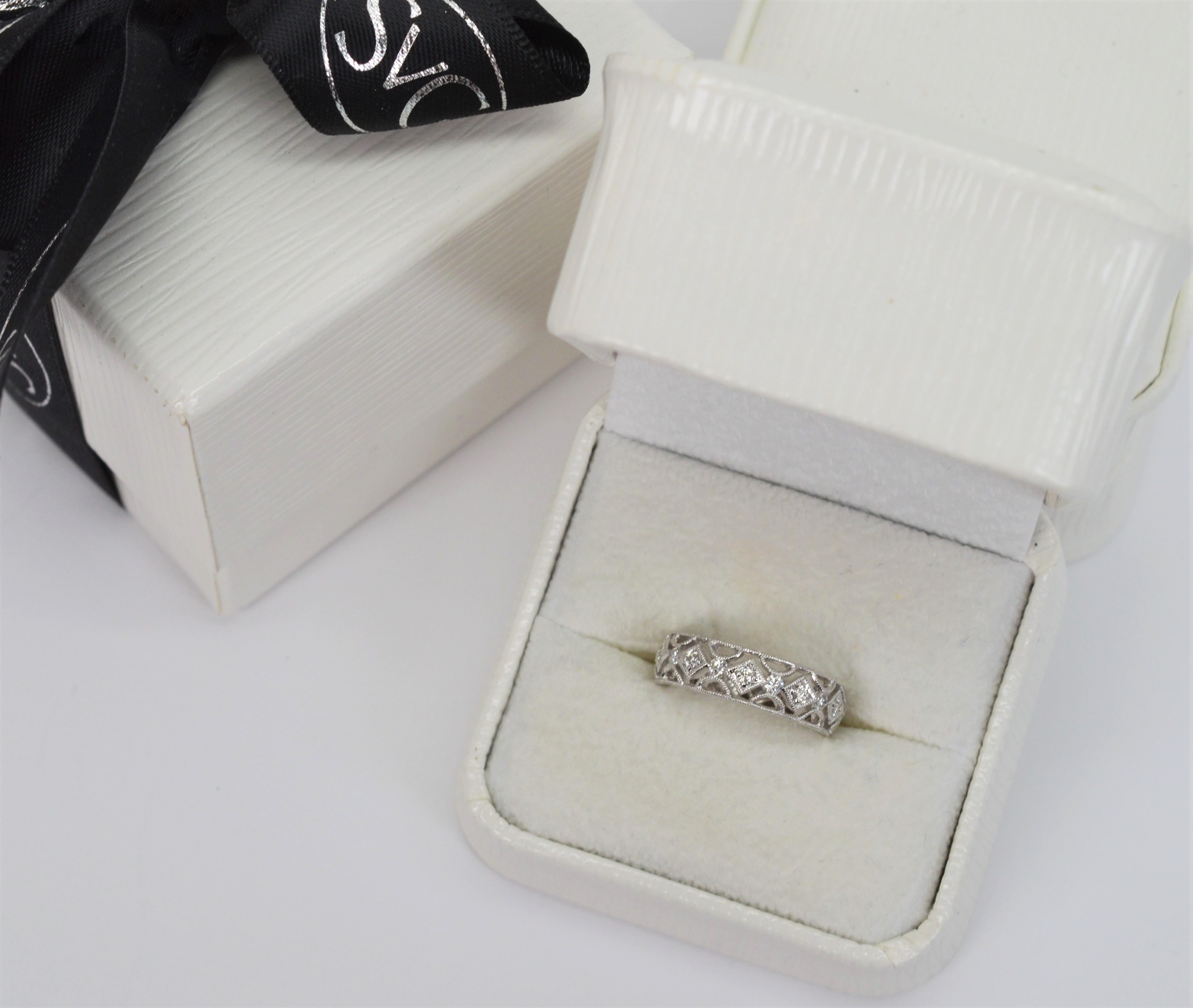 Women's Diamond Filigree 18 Karat White Gold Eternity Band Ring For Sale