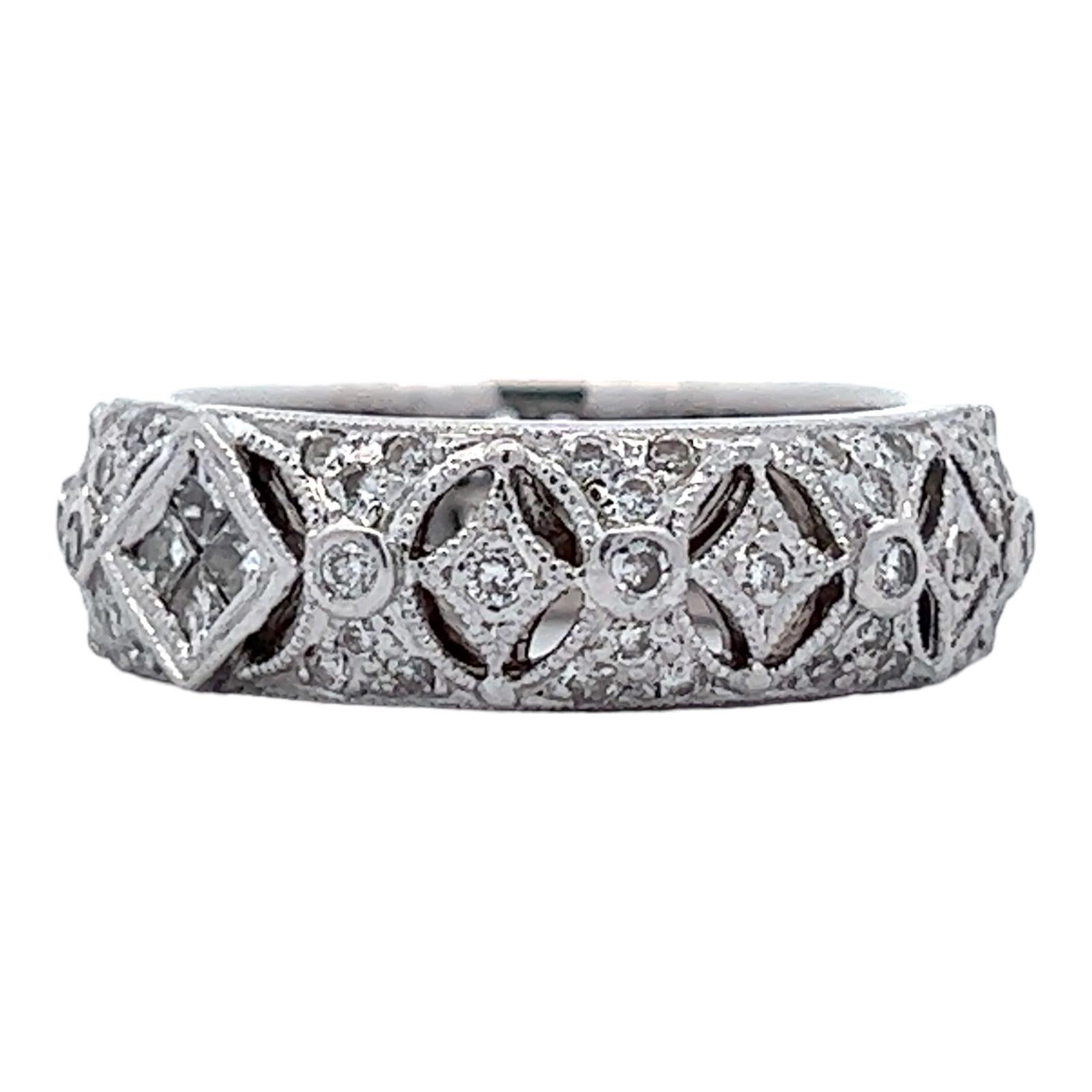 Round Cut Diamond Filigree 18 Karat White Gold Eternity Wedding Band Ring Size 6  For Sale