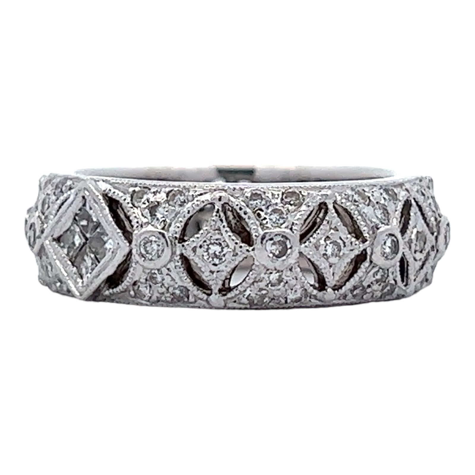 Round Cut Diamond Filigree 18 Karat White Gold Eternity Wedding Band Ring Size 6 For Sale