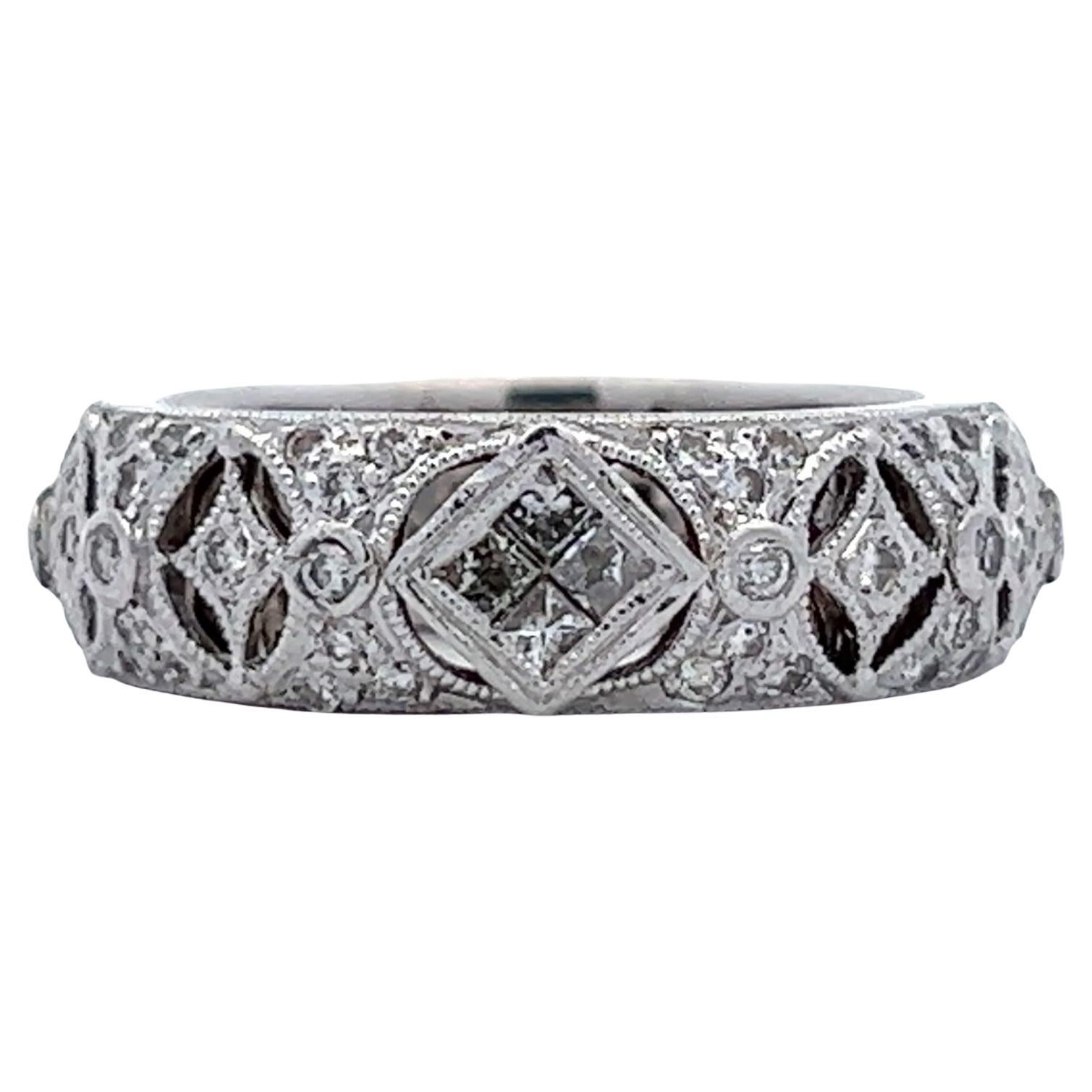 Diamond Filigree 18 Karat White Gold Eternity Wedding Band Ring Size 6  For Sale