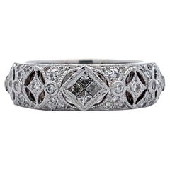 Retro Diamond Filigree 18 Karat White Gold Eternity Wedding Band Ring Size 6 