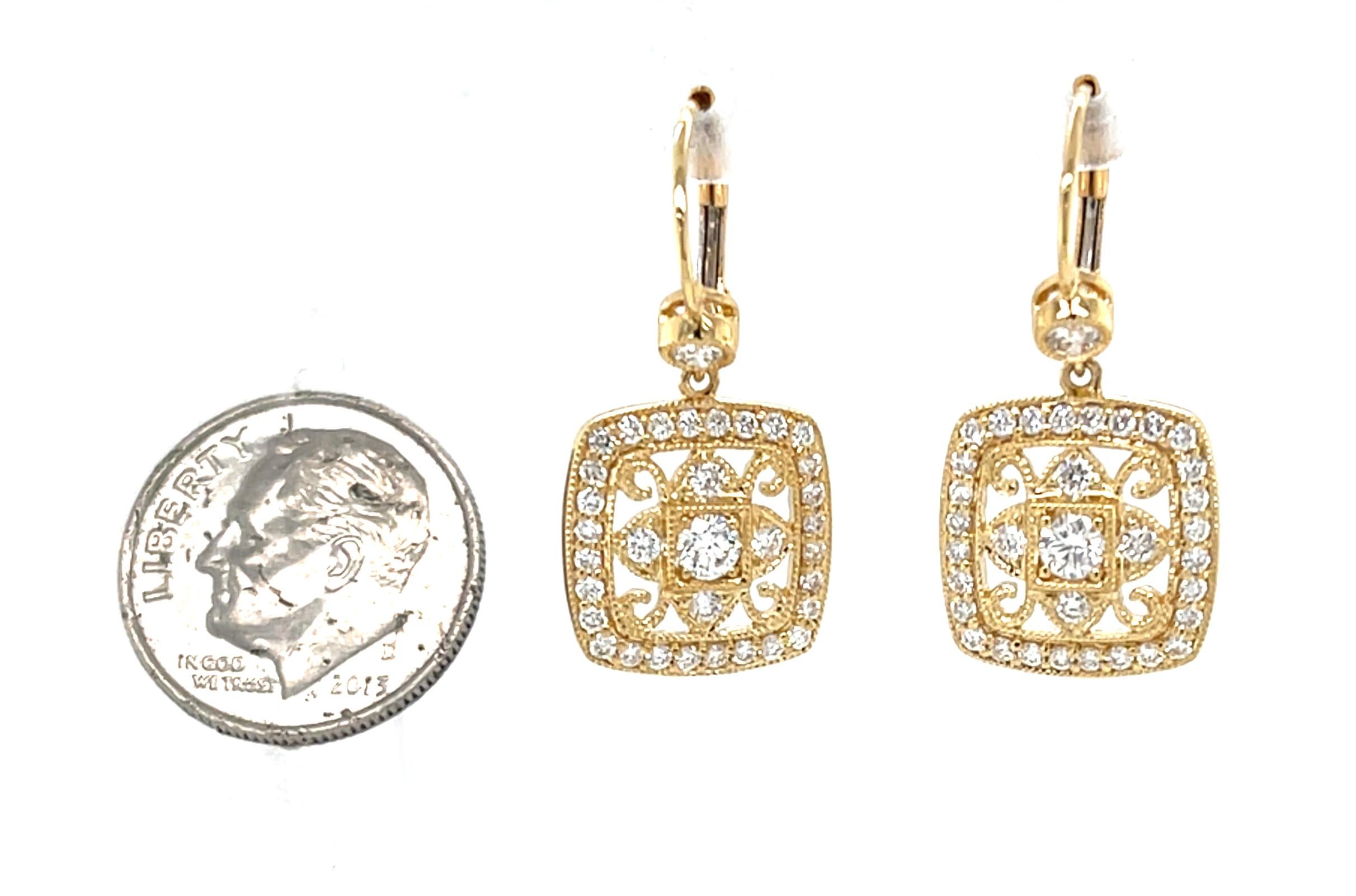 Filigrane Diamant-Ohrringe aus 18K Gelbgold mit Hebelverschluss (Rundschliff) im Angebot