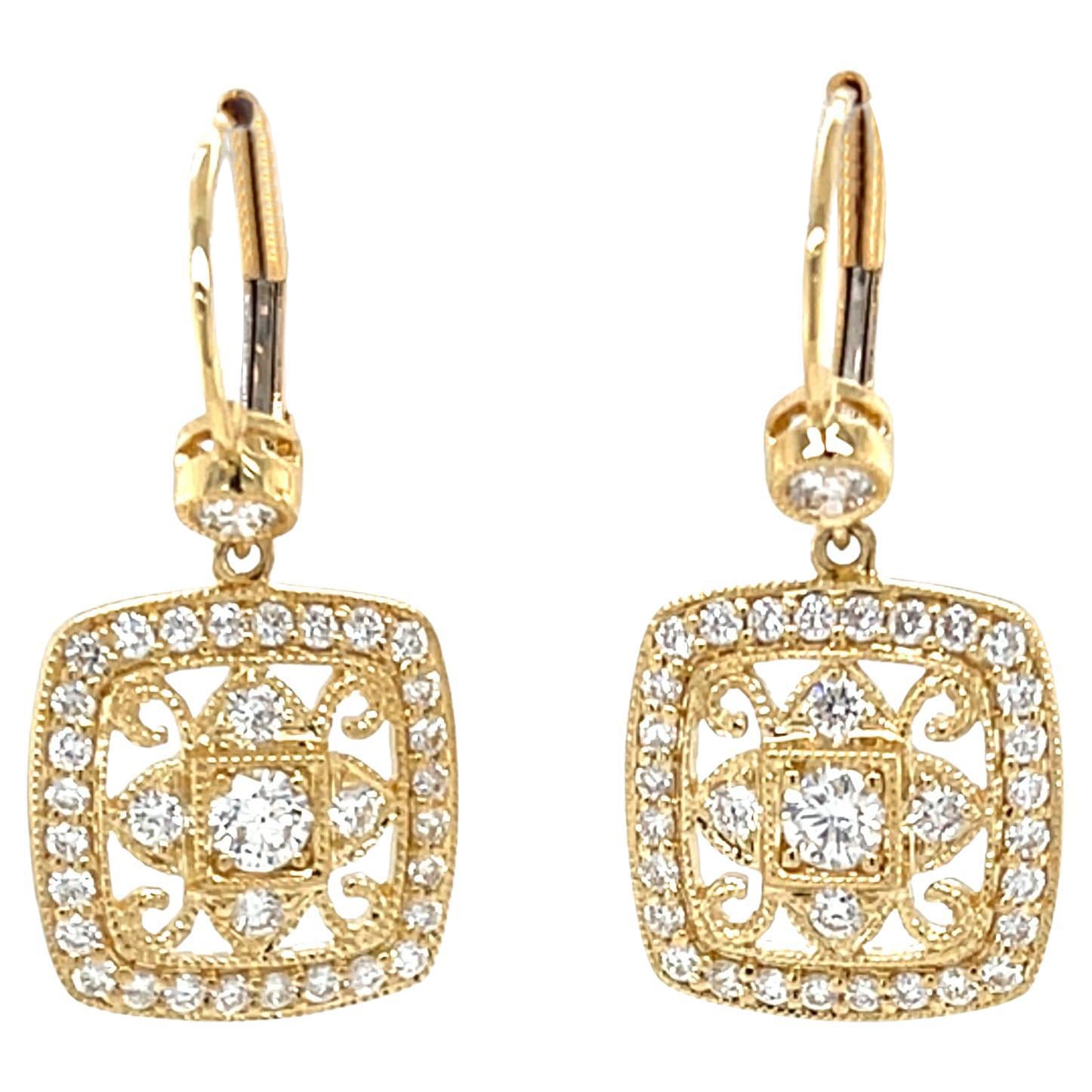 Filigrane Diamant-Ohrringe aus 18K Gelbgold mit Hebelverschluss im Angebot
