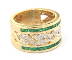 Diamond Filigree and Emerald Channel Set Wide Band Ring in 14K Yellow Gold