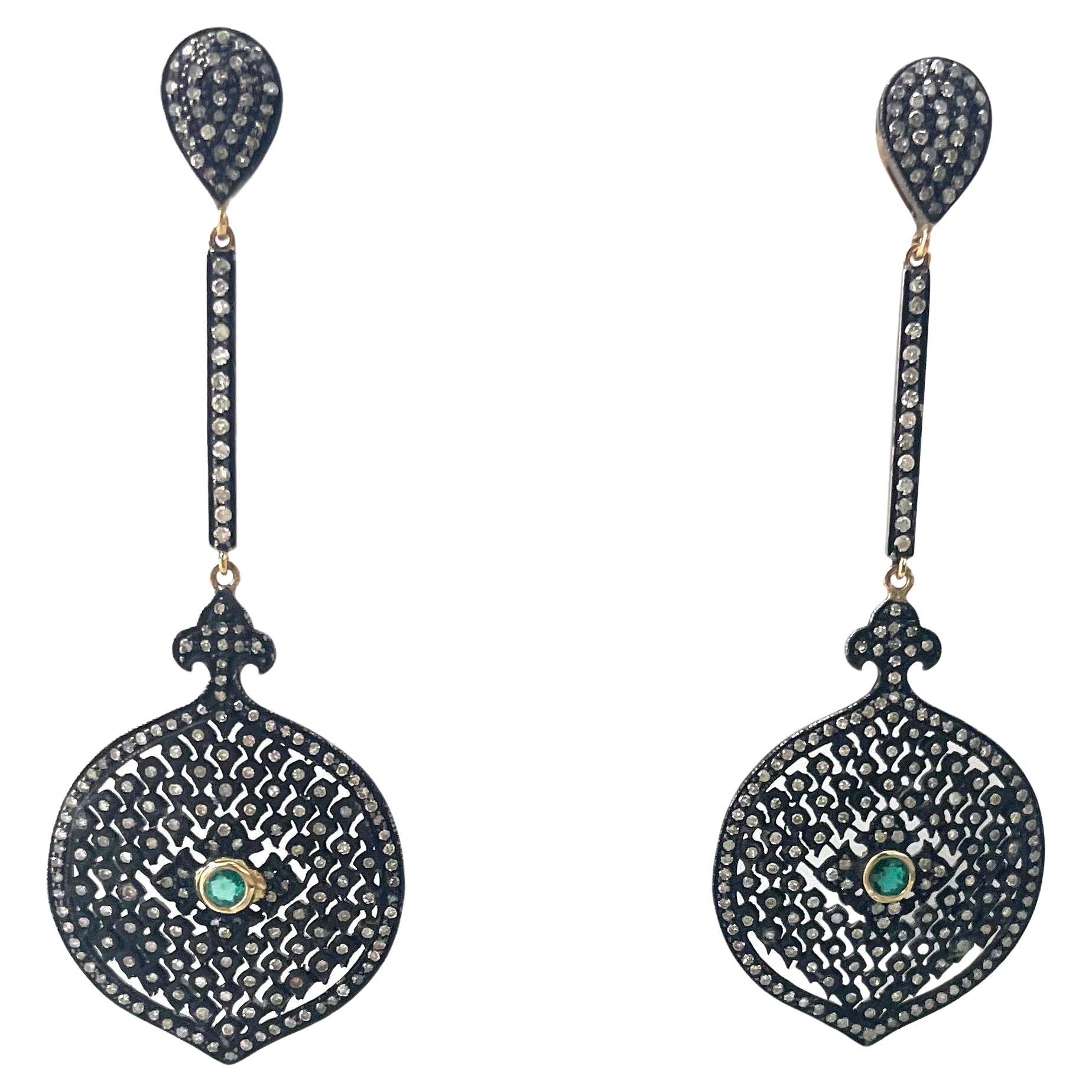 Round Cut Diamond Filigree Emerald Center Black Paradizia Earrings For Sale
