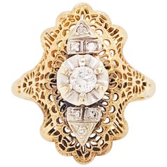 Diamond Filigree Estate Ring 14 Karat Yellow Gold 0.21 Carat Diamond Ring