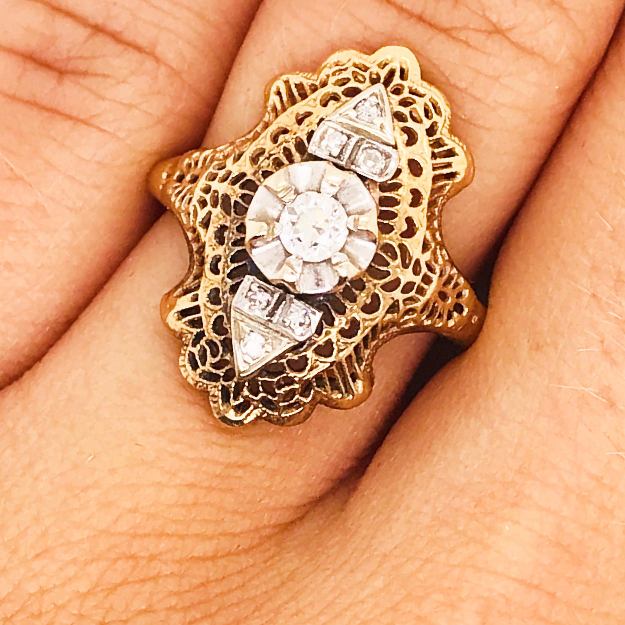Art Nouveau Diamond Filigree Estate Ring 14 Karat Yellow Gold 0.21 Carat Diamond Ring