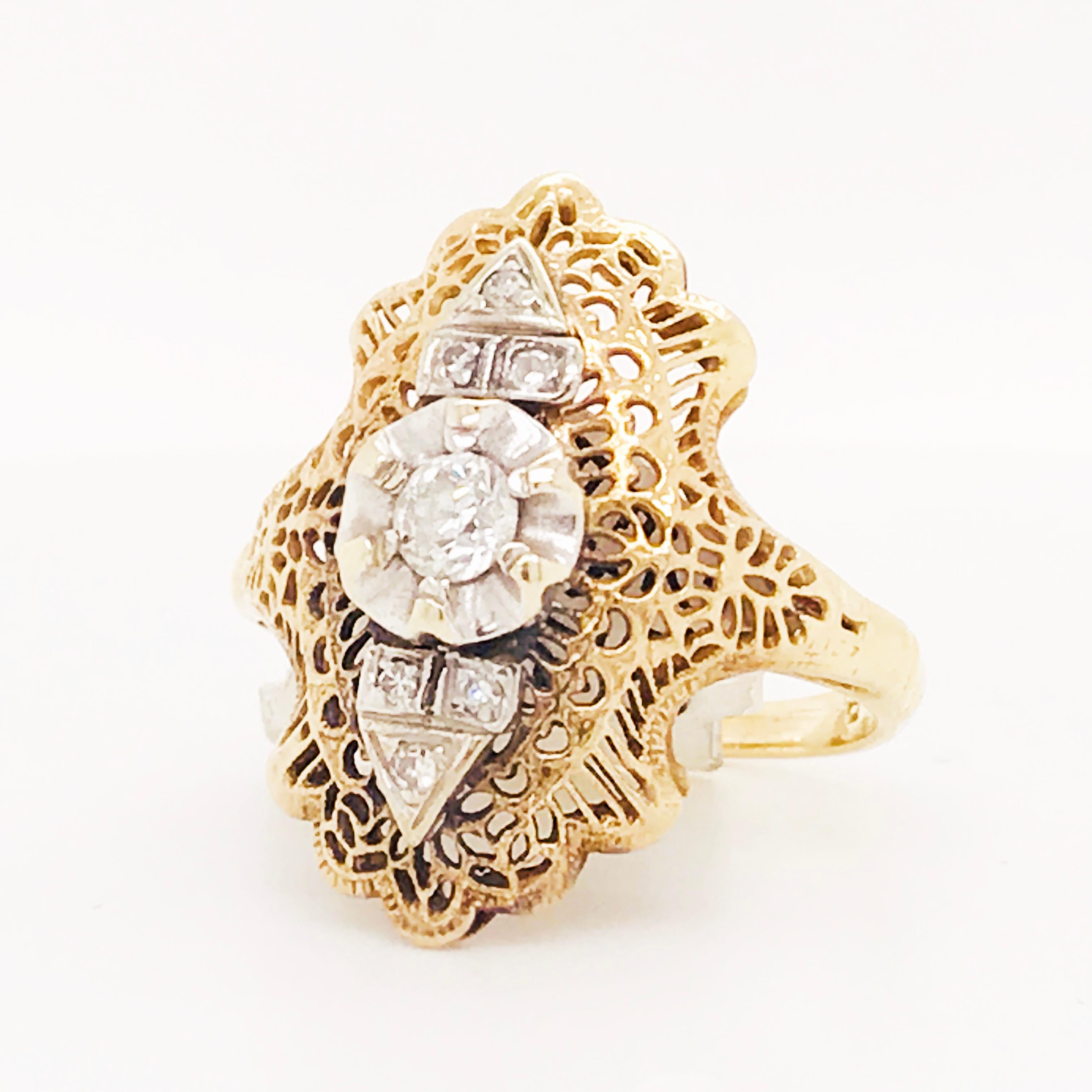 Old Mine Cut Diamond Filigree Estate Ring 14 Karat Yellow Gold 0.21 Carat Diamond Ring